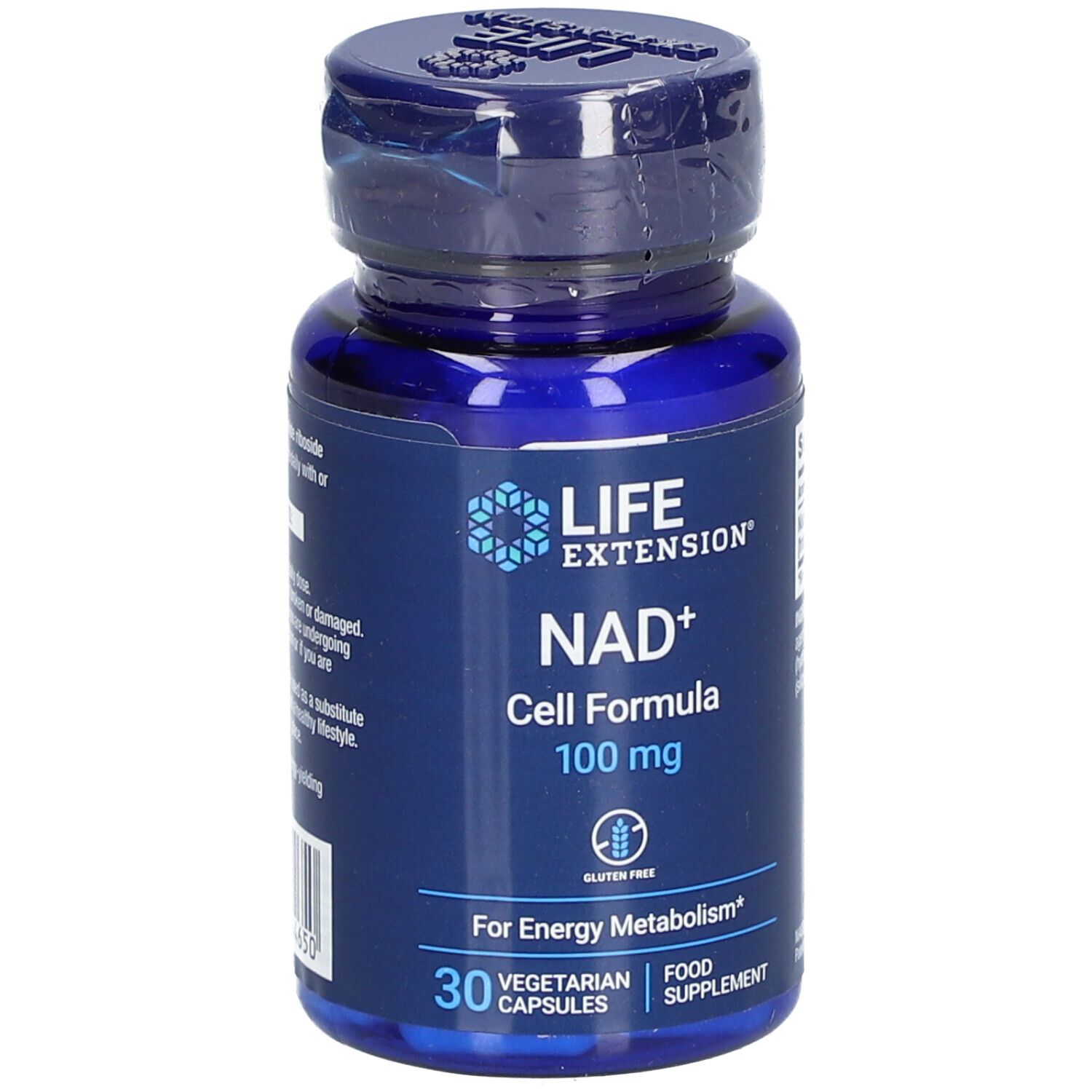 Blaue Flasche mit Kapseln. Aufschrift: LIFE EXTENSION NAD+ Cell Formula 100 mg. 30 vegetarische Kapseln.