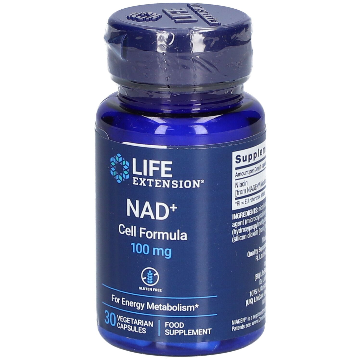 Blaue Flasche mit Kapseln. Aufschrift: LIFE EXTENSION NAD+ Cell Formula 100 mg. 30 vegetarische Kapseln.