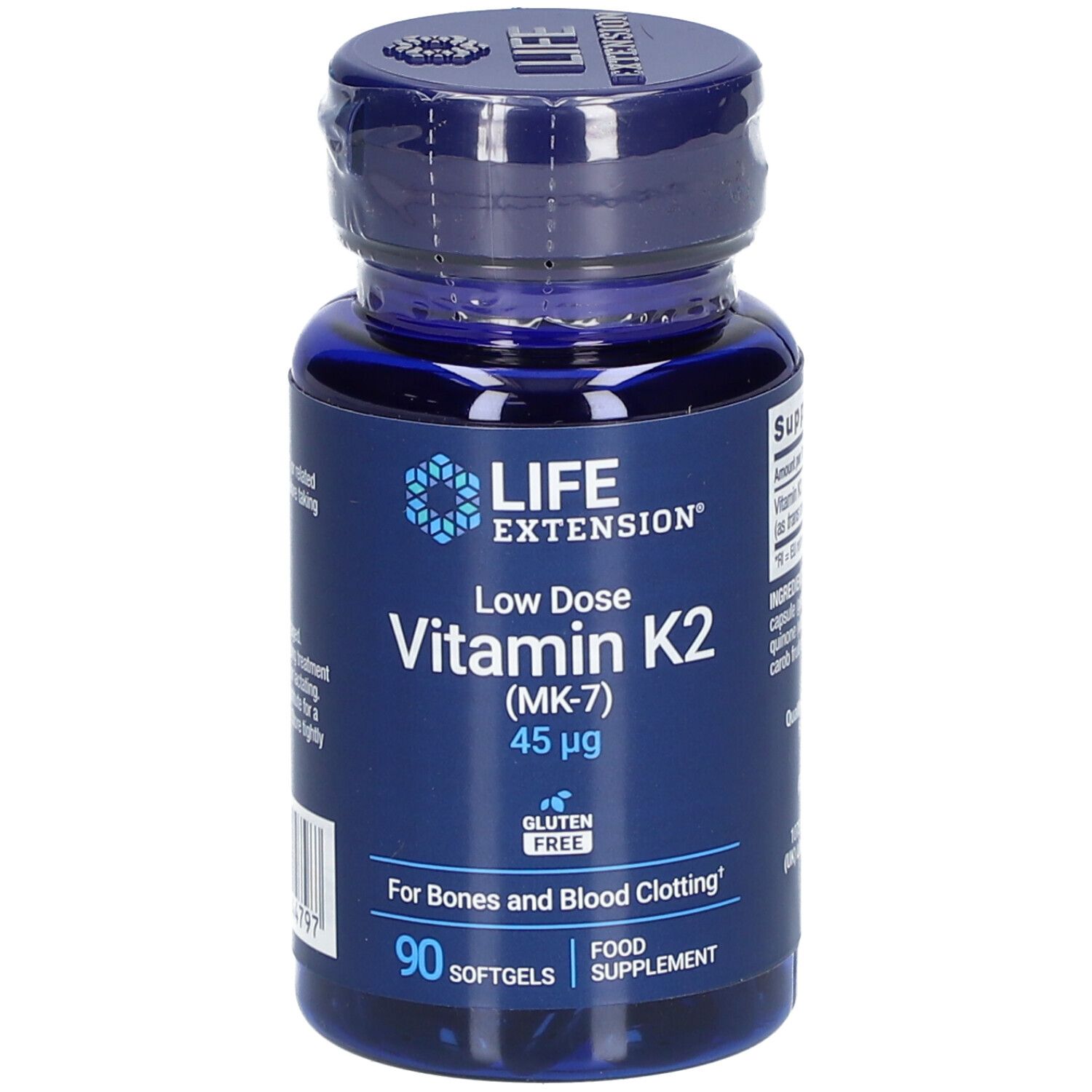 Flacon bleu de vitamine K2. Inscription: LIFE EXTENSION, Low Dose Vitamin K2 (MK-7) 45µg, 90 gélules.
