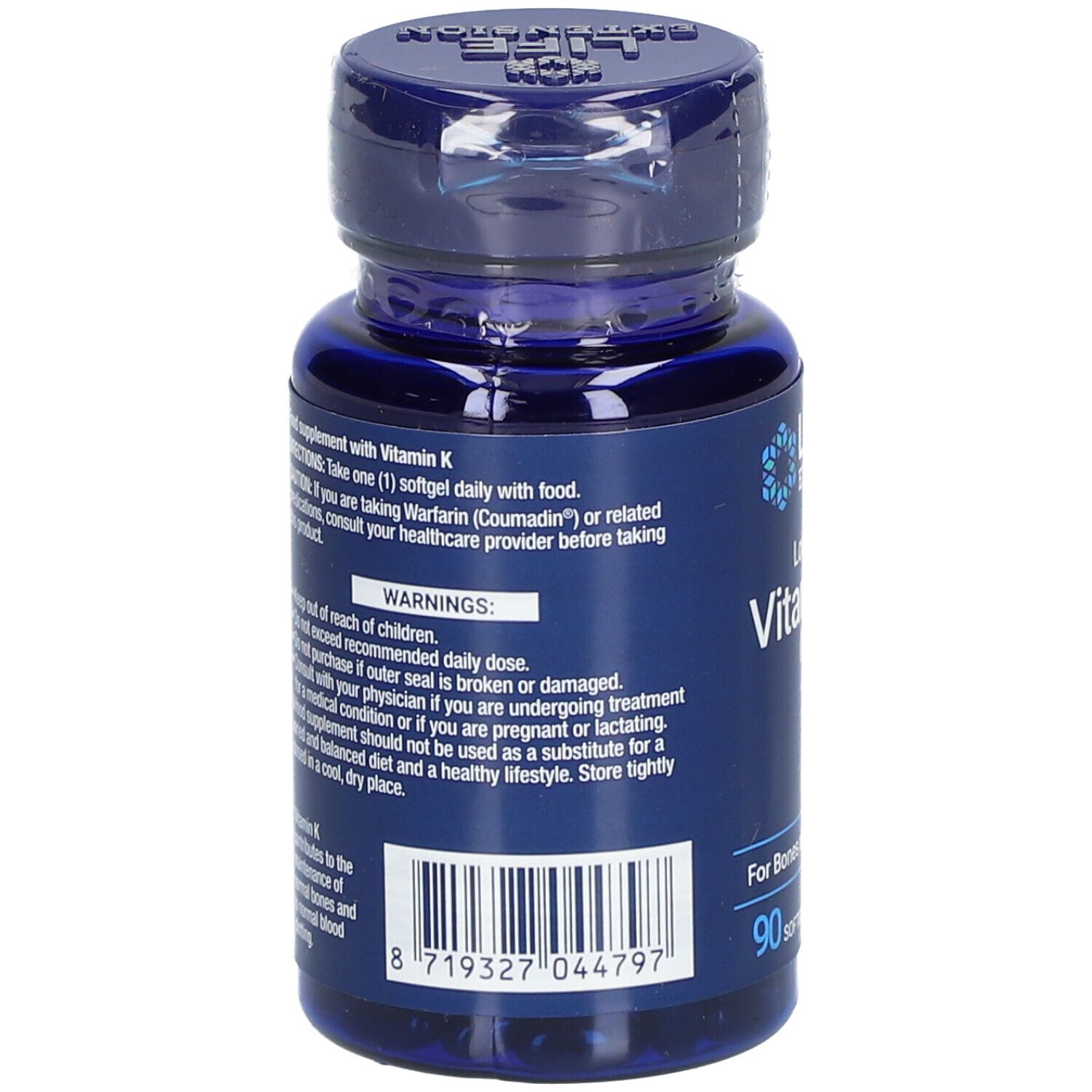 Dos du flacon bleu de vitamine K2. Contient des avertissements et un code-barres. 90 gélules.