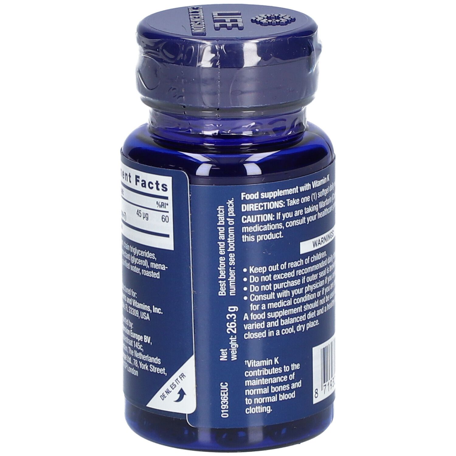 Flacon bleu de vitamine K2. Contient des informations nutritionnelles et des avertissements. Poids net: 26,3 g.