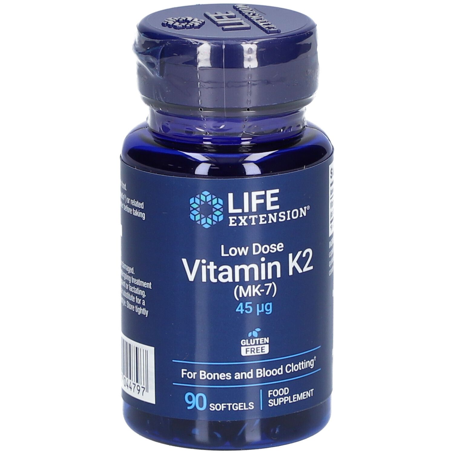 Flacon bleu de vitamine K2. Inscription: LIFE EXTENSION, Low Dose Vitamin K2 (MK-7) 45µg, 90 gélules.
