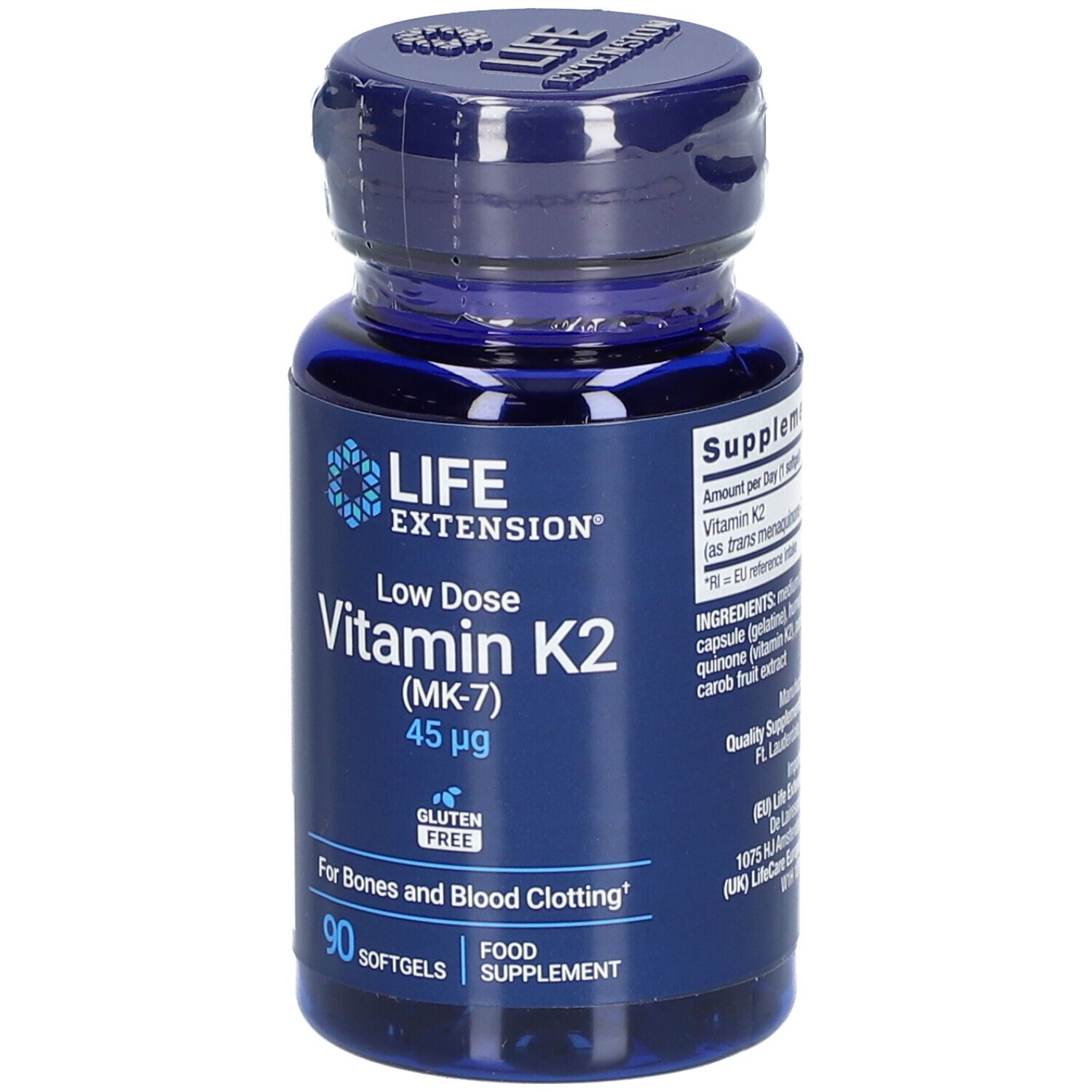 Flacon bleu de vitamine K2. Inscription: LIFE EXTENSION, Vitamin K2 (MK-7) 45µg, 90 gélules.