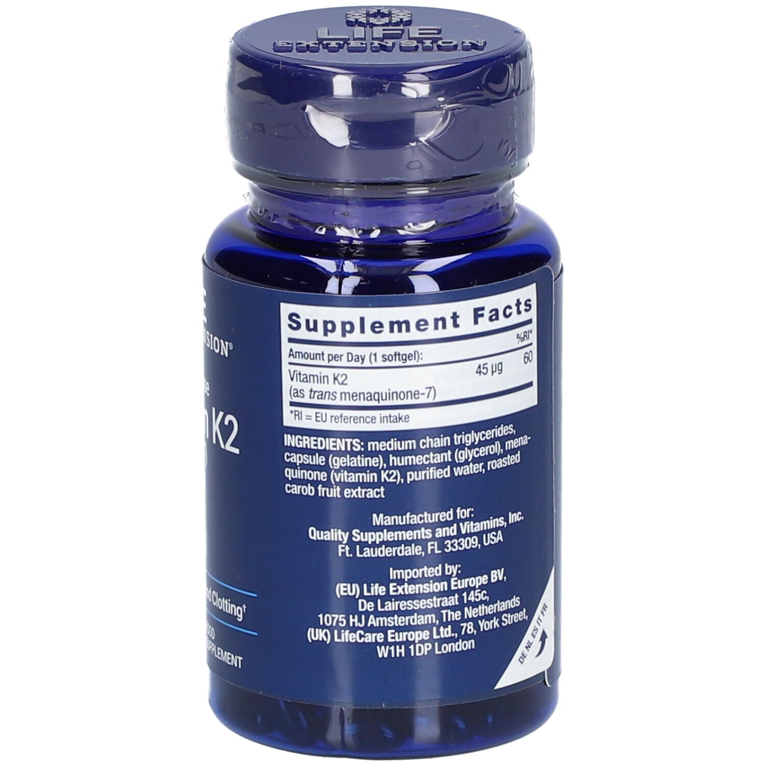 Flacon bleu de vitamine K2. Contient des informations nutritionnelles et des ingrédients. Informations du fabricant.