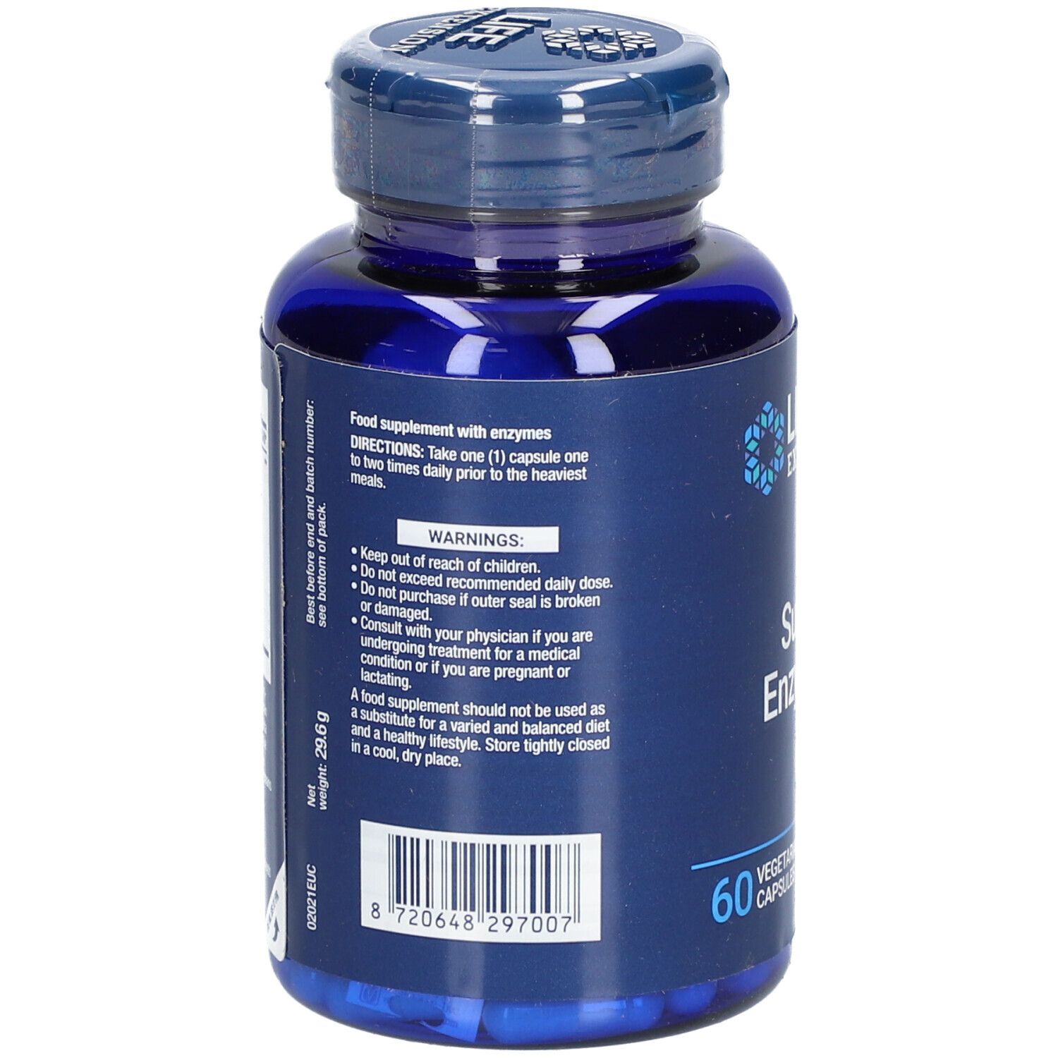 Dos du flacon bleu avec gélules. Texte: Complément alimentaire avec enzymes. Instructions. Avertissements. Poids: 29,6 g.