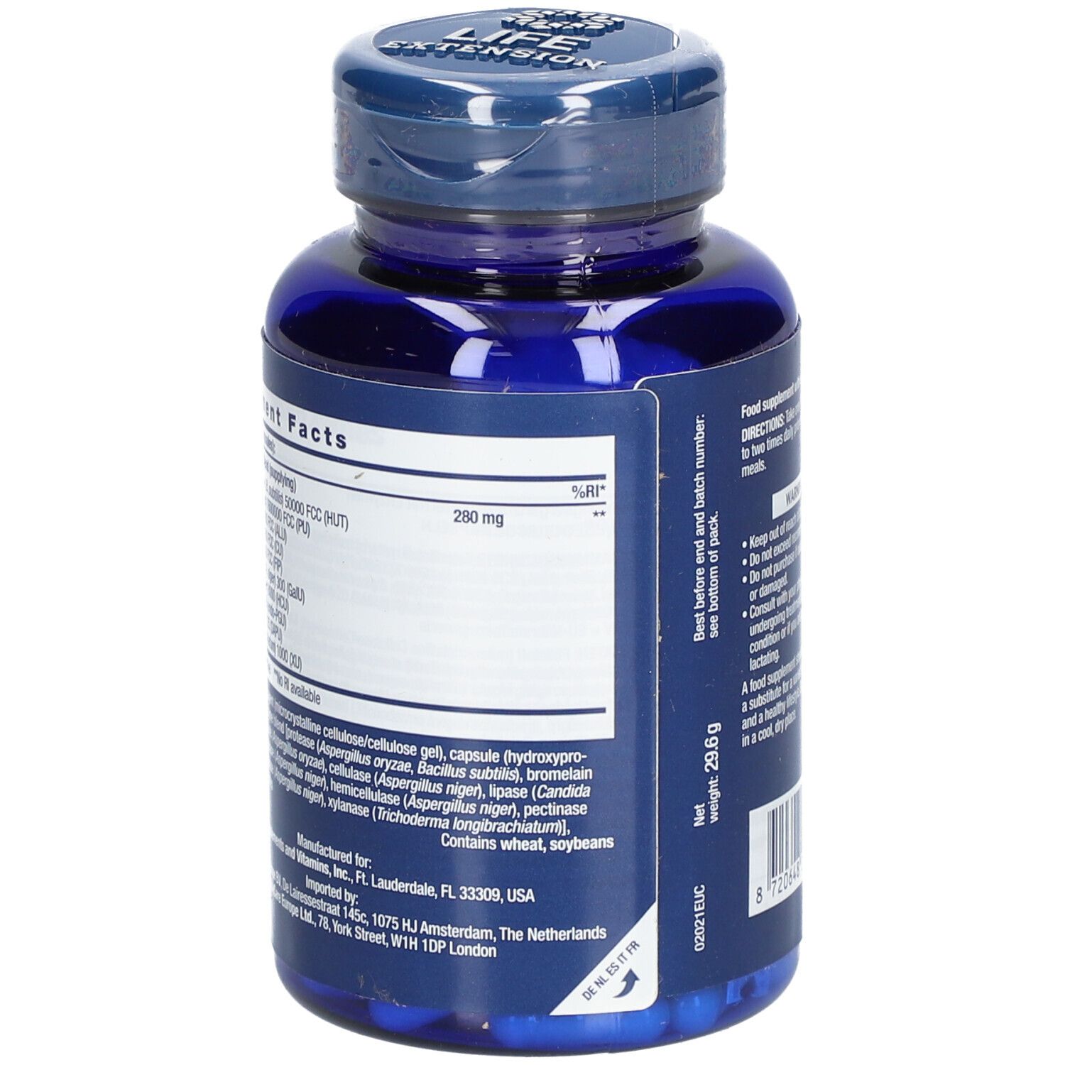 Dos du flacon bleu avec gélules. Texte: Informations nutritionnelles. Ingrédients. Contient du blé, du soja. Informations fabricant.