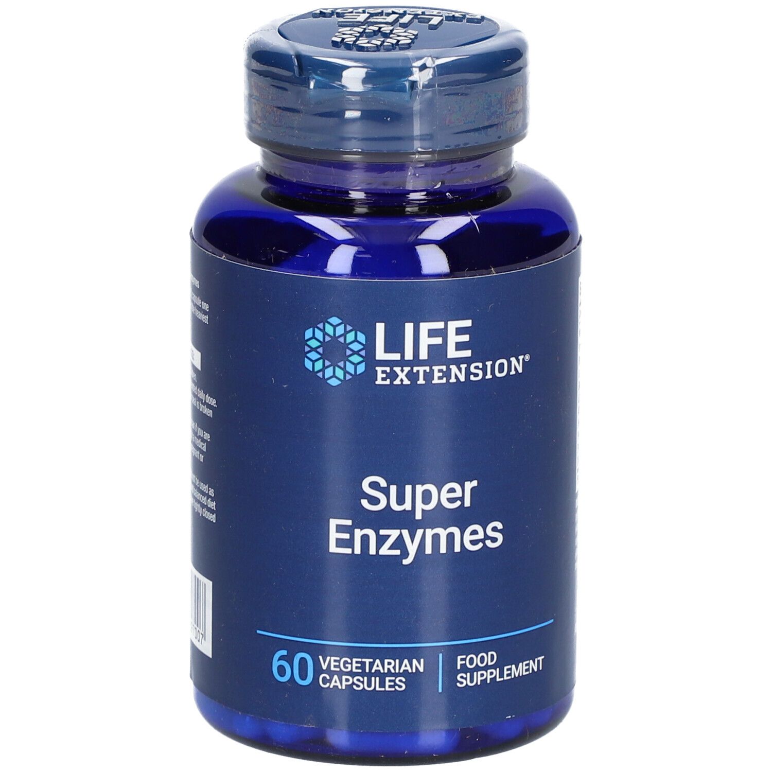 Flacon bleu avec gélules. Inscription: LIFE EXTENSION Super Enzymes. 60 gélules végétariennes. Complément alimentaire.