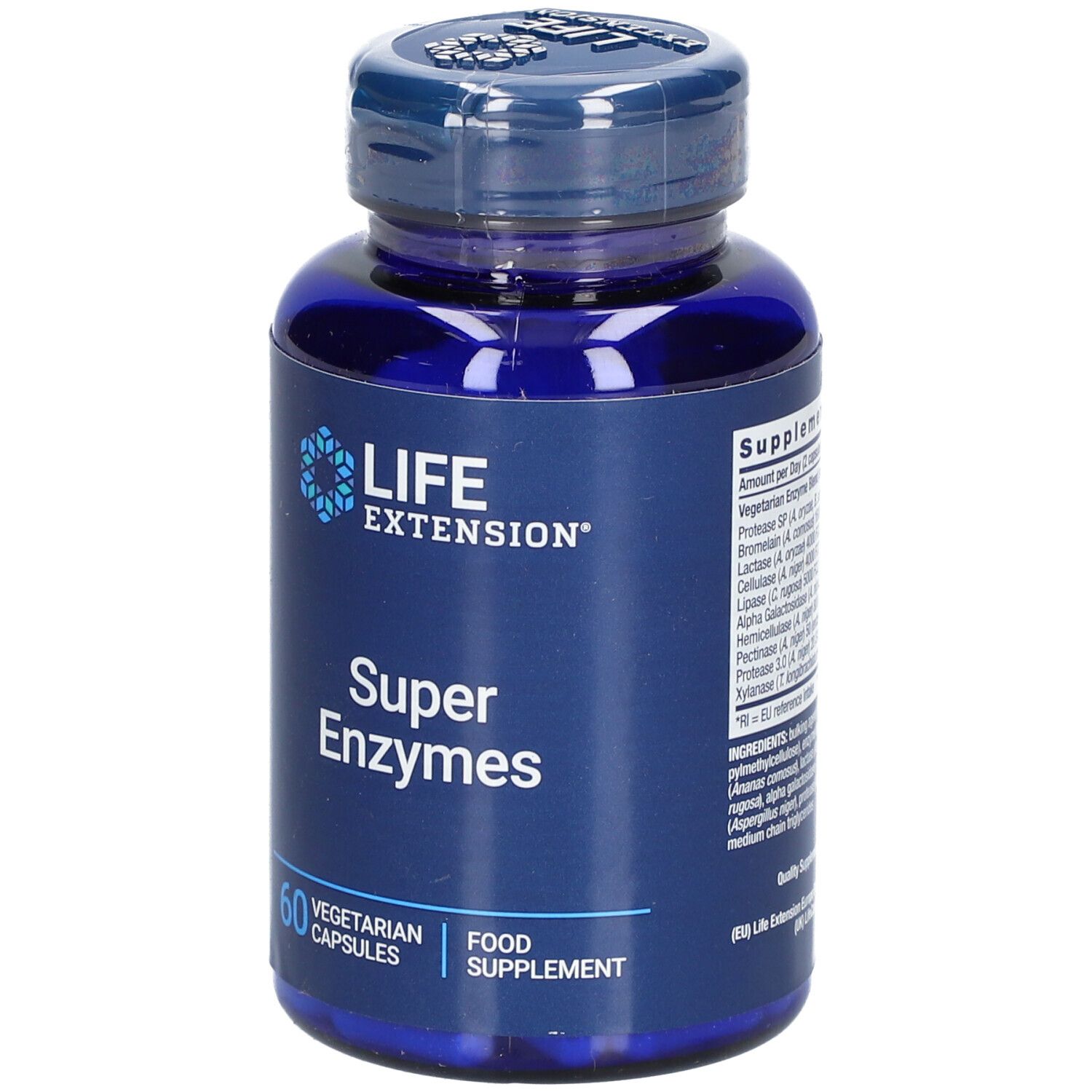 Flacon bleu avec gélules. Inscription: LIFE EXTENSION Super Enzymes. 60 gélules végétariennes. Complément alimentaire. Informations nutritionnelles.