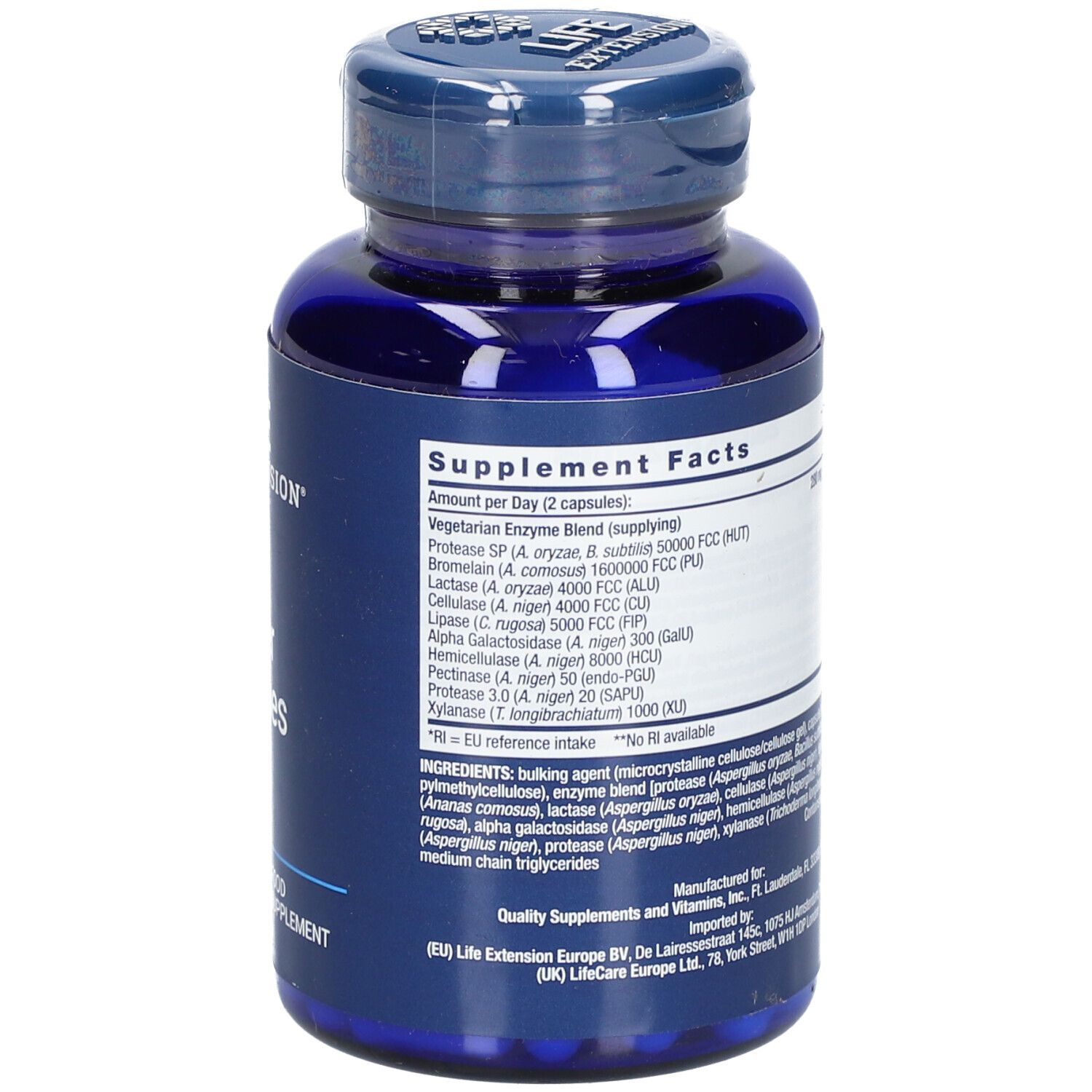 Dos du flacon bleu avec gélules. Texte: Informations nutritionnelles. Mélange d'enzymes. Ingrédients. Informations fabricant.