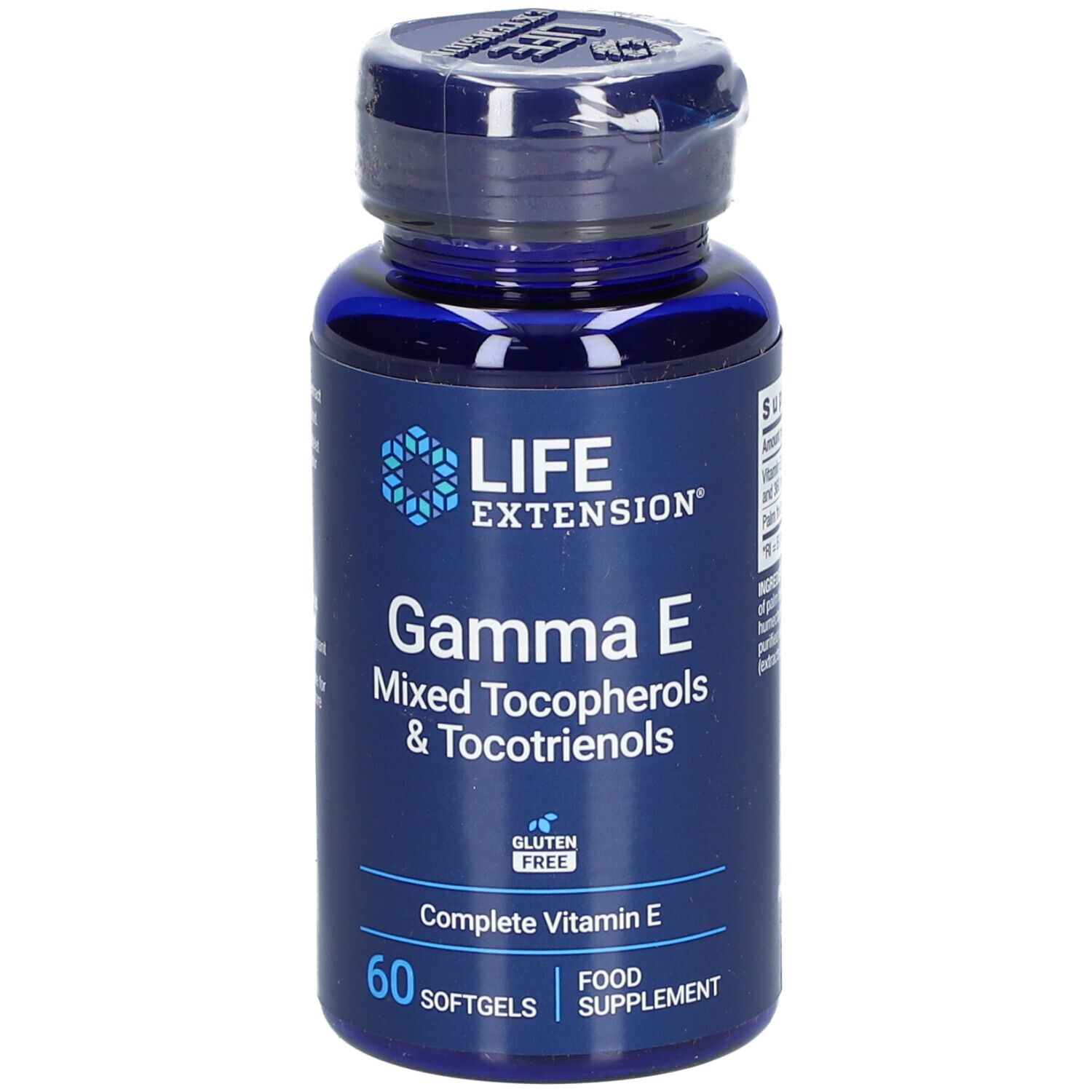 Flacon bleu de gélules. Inscription: Gamma E, Mixed Tocopherols & Tocotrienols, 60 gélules. Sans gluten.
