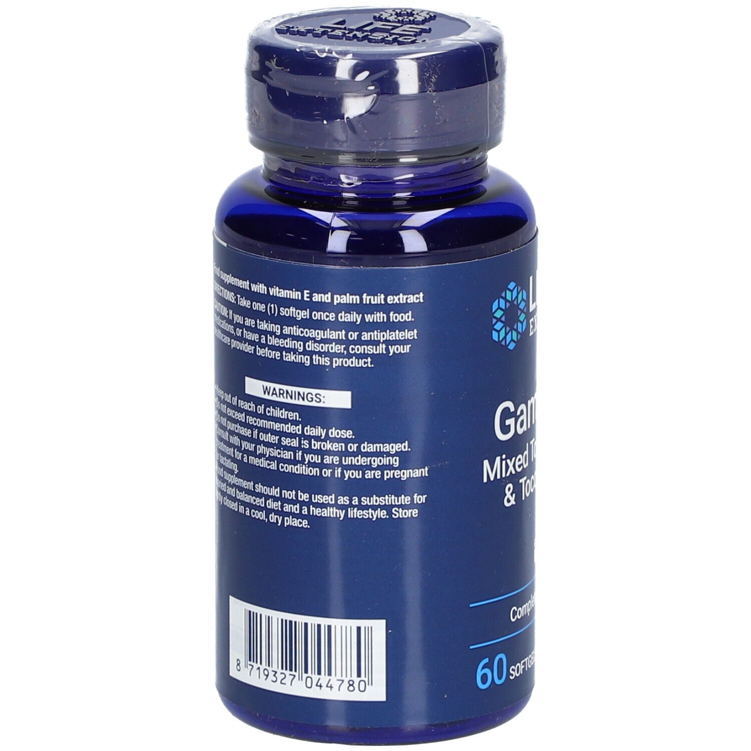 Dos du flacon bleu. Texte: Avertissements, ingrédients, numéro de lot, code-barres. 60 gélules.