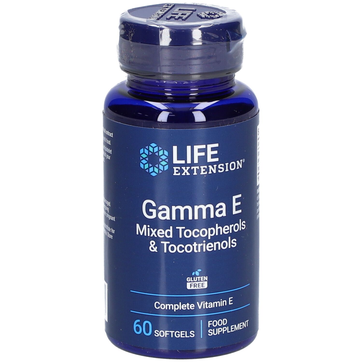 Flacon bleu de gélules. Inscription: Gamma E, Mixed Tocopherols & Tocotrienols, 60 gélules. Sans gluten.