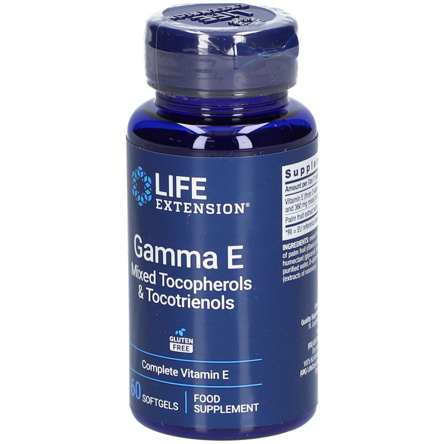 Flacon bleu de gélules. Inscription: Gamma E, Mixed Tocopherols & Tocotrienols, 60 gélules. Sans gluten.