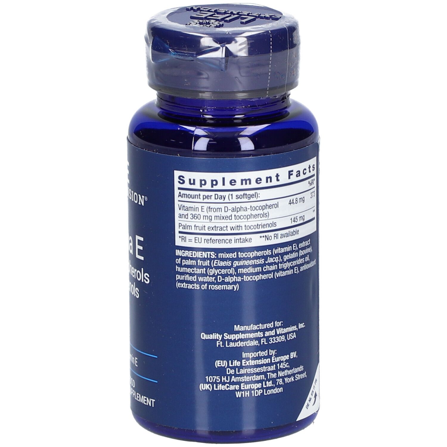 Dos du flacon bleu. Texte: Informations nutritionnelles, ingrédients, informations fabricant, code-barres.