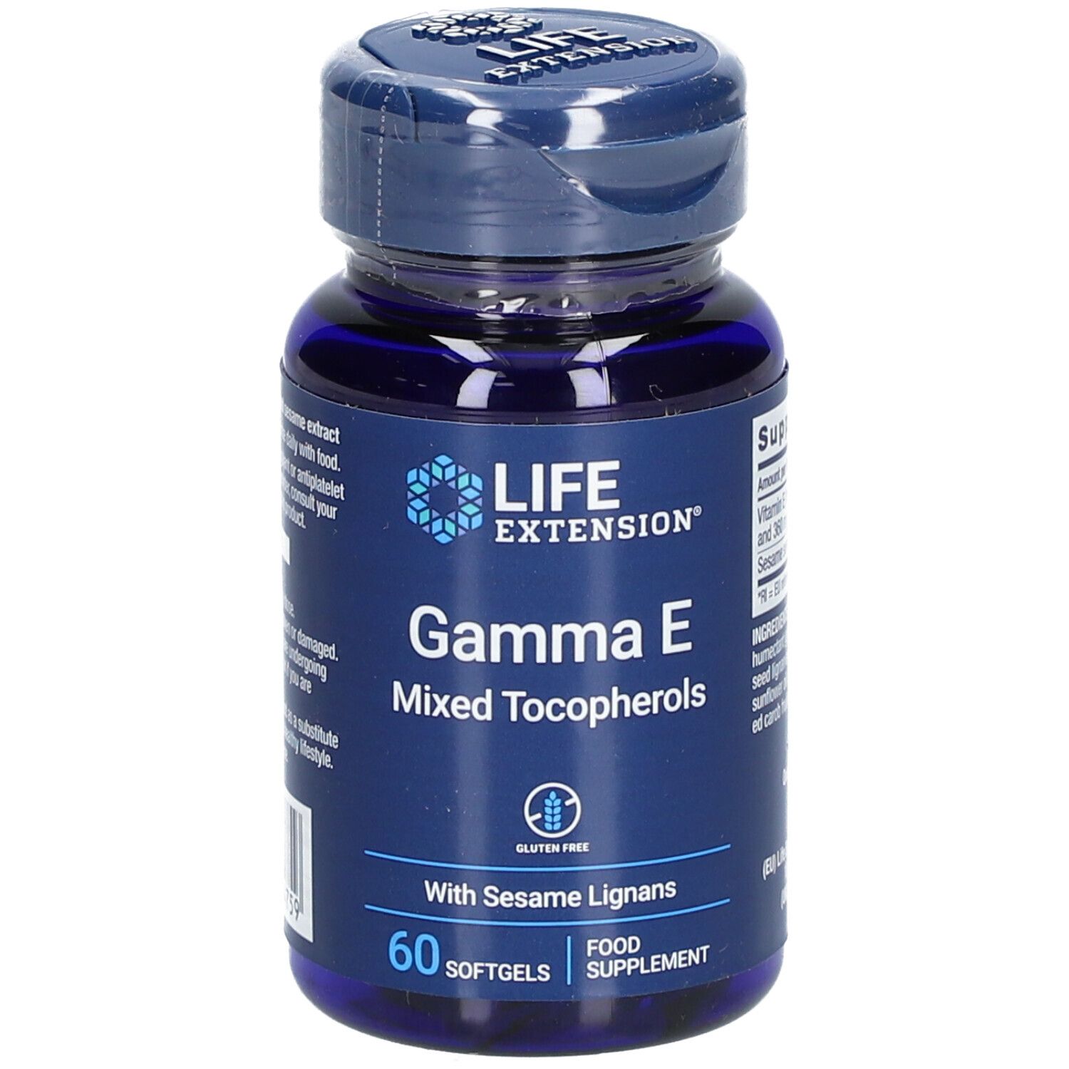Flacon bleu avec gélules. Inscription : LIFE EXTENSION Gamma E Mixed Tocopherols. Sans gluten. 60 gélules.