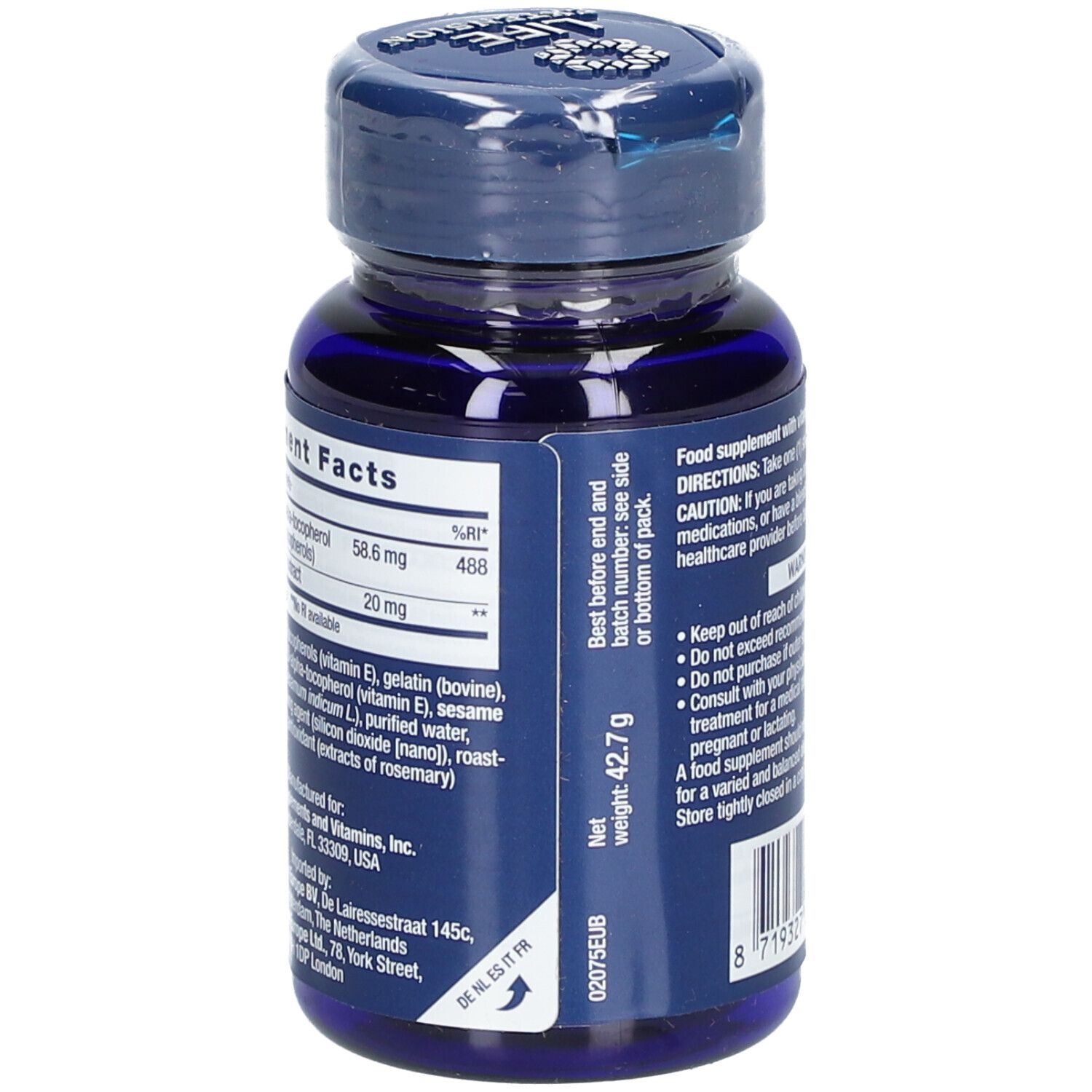 Dos du flacon bleu. Texte : Informations nutritionnelles, poids net 42,7 g. A consommer de préférence avant : voir côté ou fond.