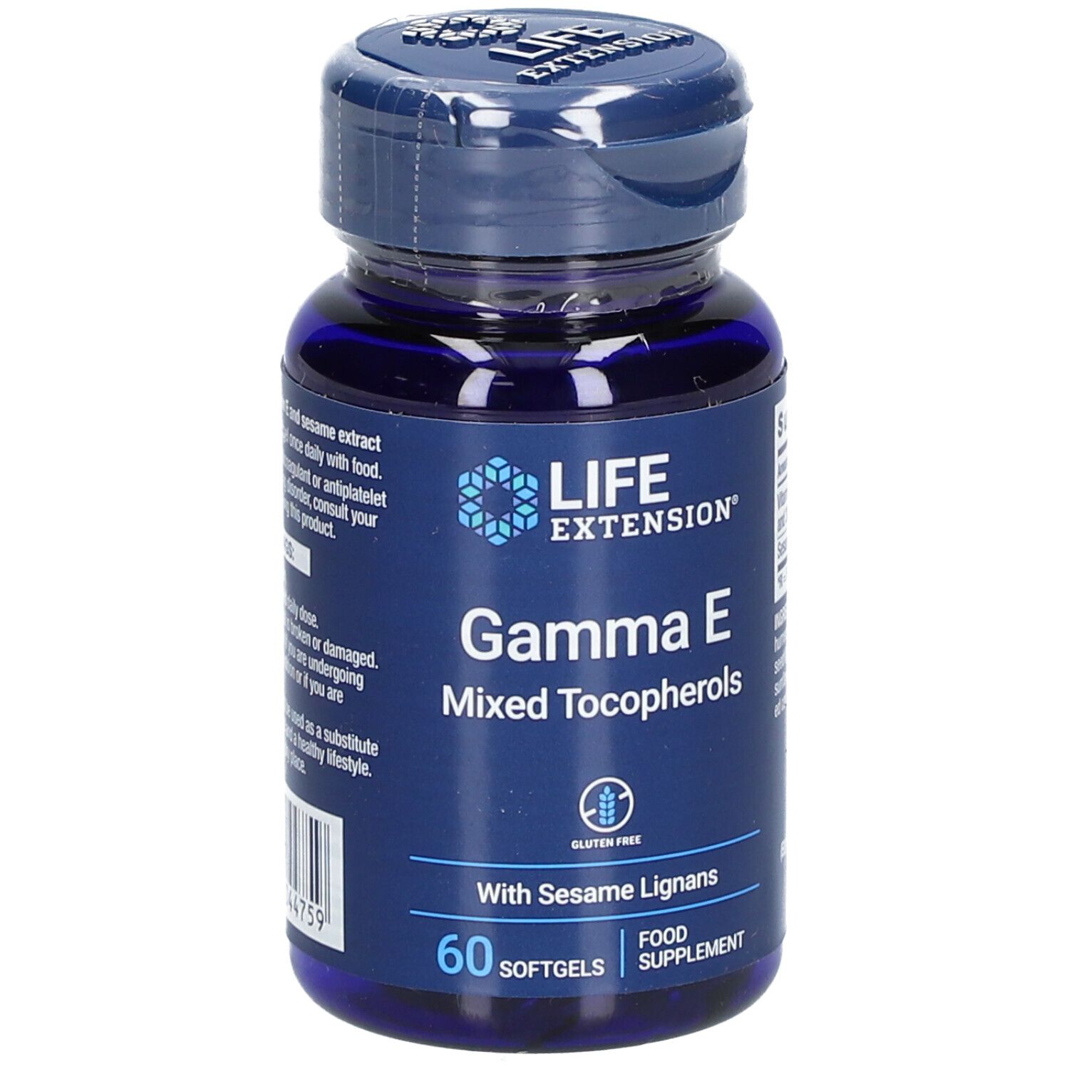 Flacon bleu avec gélules. Inscription : LIFE EXTENSION Gamma E Mixed Tocopherols. Sans gluten. 60 gélules.