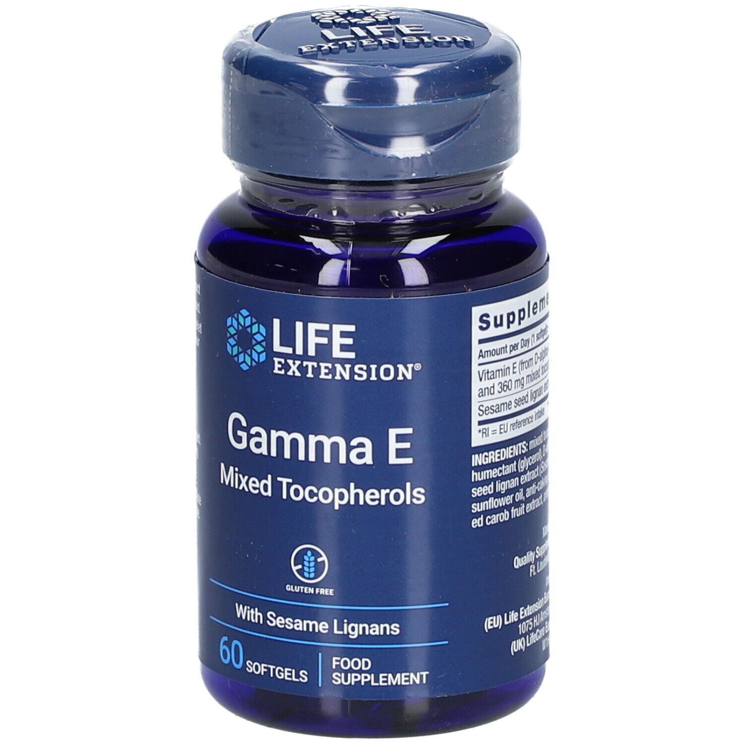 Flacon bleu avec gélules. Inscription : LIFE EXTENSION Gamma E Mixed Tocopherols. Sans gluten. 60 gélules. Complément alimentaire.