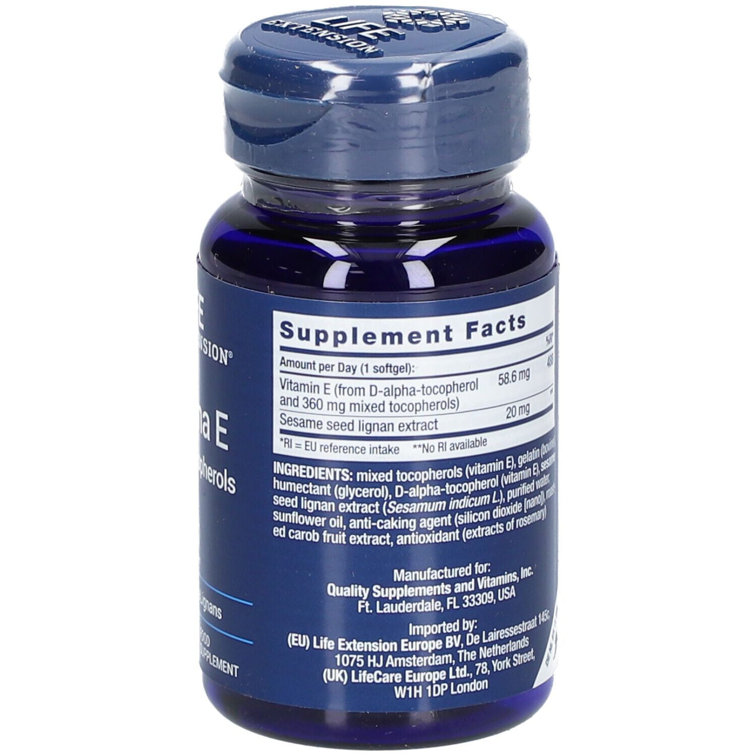 Dos du flacon bleu. Texte : Informations nutritionnelles, ingrédients, fabriqué pour Quality Supplements and Vitamins, Inc.
