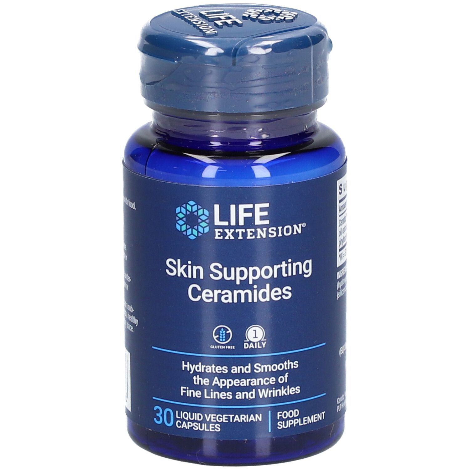 Flacon bleu avec capsules. Inscription: LIFE EXTENSION Skin Supporting Ceramides. 30 capsules. Sans gluten.
