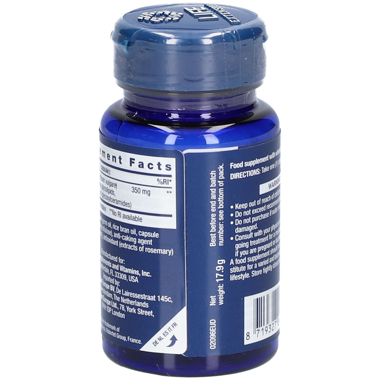 Dos du flacon bleu avec capsules. Inscription: LIFE EXTENSION. Informations nutritionnelles et poids 17,9g.