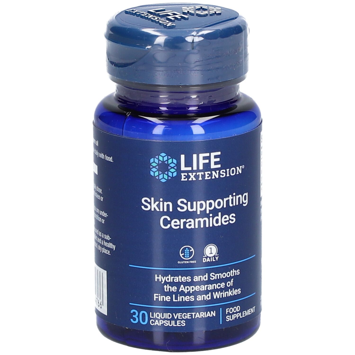 Flacon bleu avec capsules. Inscription: LIFE EXTENSION Skin Supporting Ceramides. 30 capsules. Sans gluten.