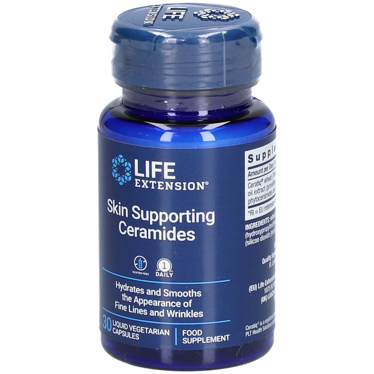 Flacon bleu avec capsules. Inscription: LIFE EXTENSION Skin Supporting Ceramides. 30 capsules. Sans gluten.
