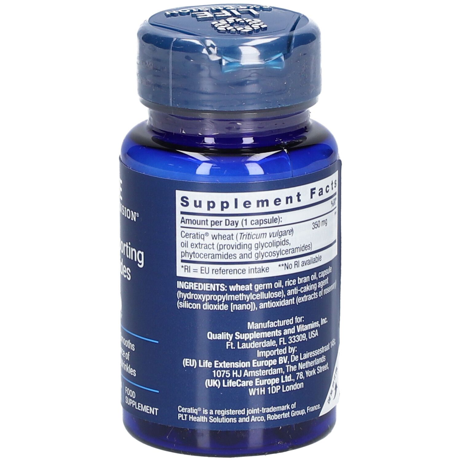 Dos du flacon bleu avec capsules. Inscription: LIFE EXTENSION. Informations nutritionnelles et ingrédients.