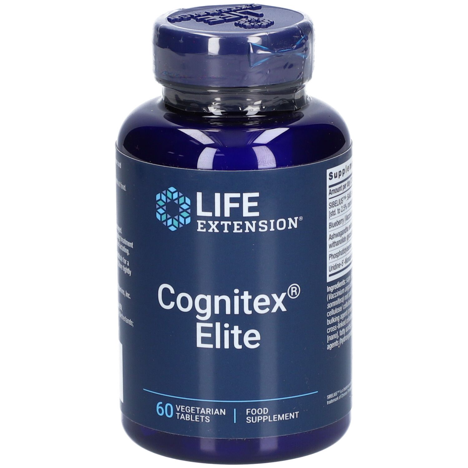 Blaue Flasche mit "Cognitex Elite" und "60 Tabletten". Marke: Life Extension. Vegetarisches Nahrungsergänzungsmittel.