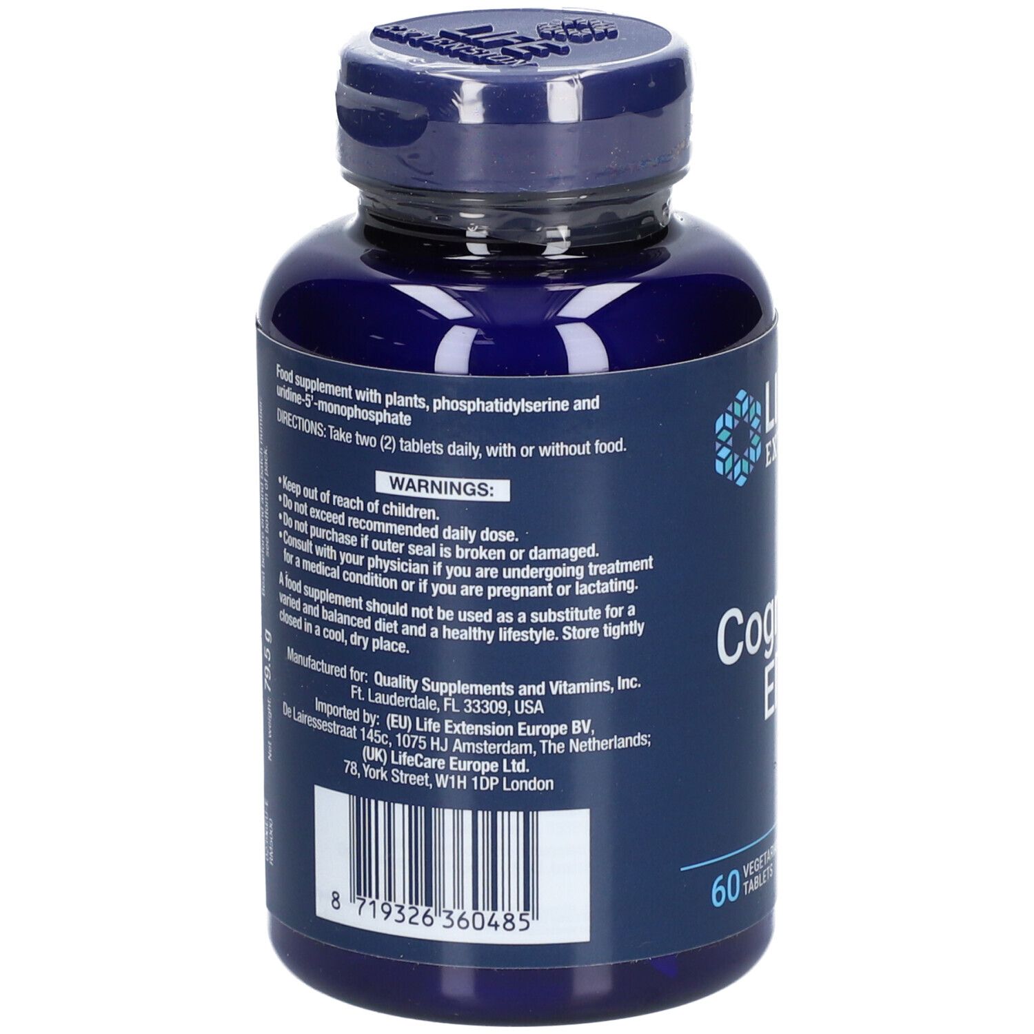 Rückseite der blauen Flasche. Enthält Informationen zum Nahrungsergänzungsmittel, Warnhinweise und Herstellerinformationen.