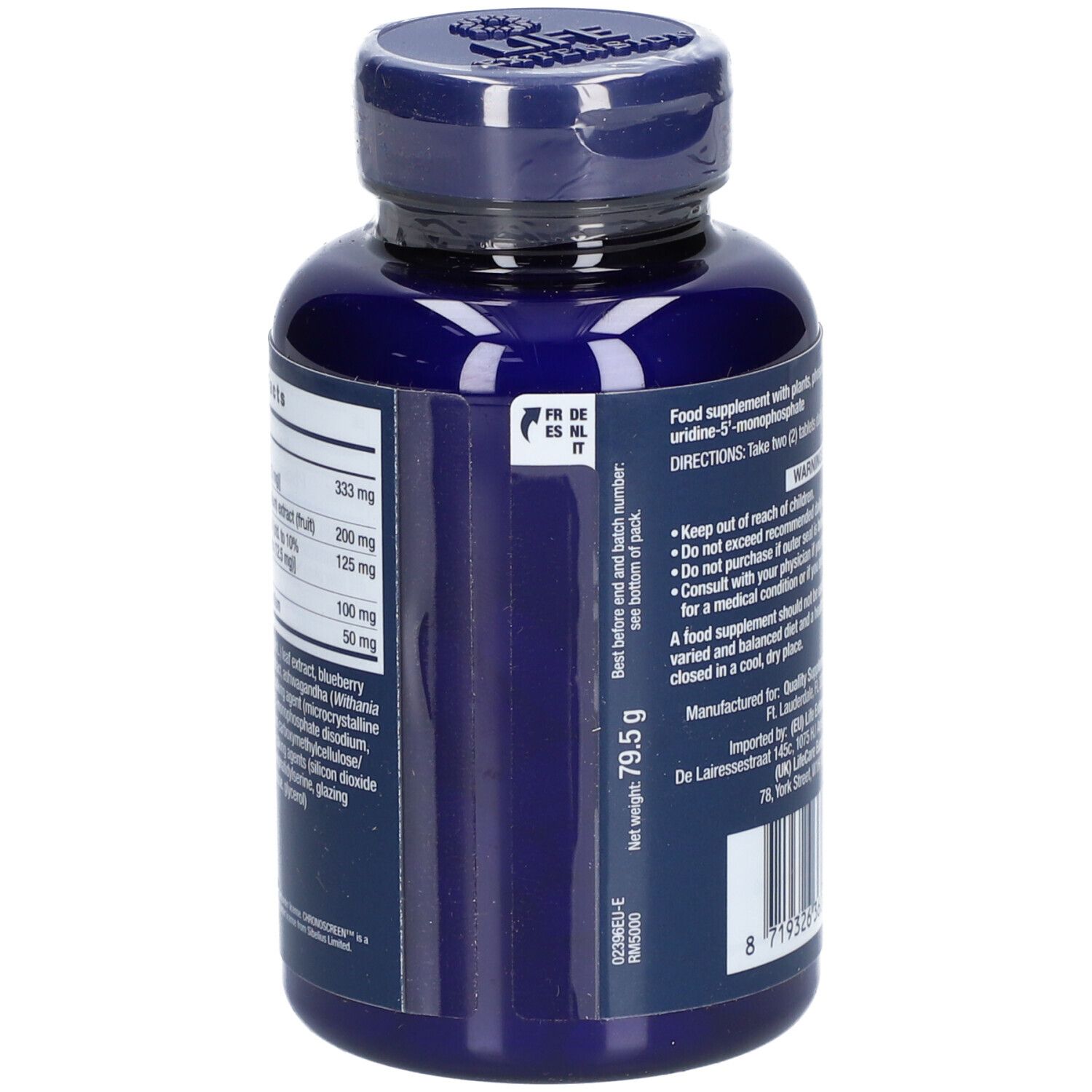 Blaue Flasche, Seitenansicht. Enthält Informationen zu Inhaltsstoffen, Nettogewicht 79,5 g und Verfallsdatum.