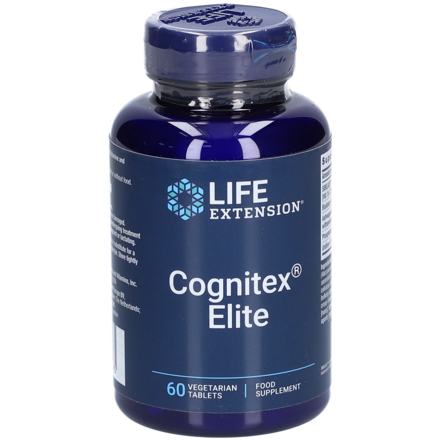 Blaue Flasche mit "Cognitex Elite" und "60 Tabletten". Marke: Life Extension. Vegetarisches Nahrungsergänzungsmittel.
