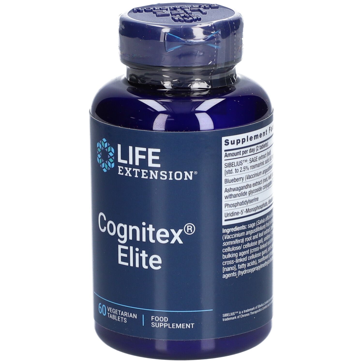Blaue Flasche mit "Cognitex Elite" und "60 Tabletten". Marke: Life Extension. Vegetarisches Nahrungsergänzungsmittel.