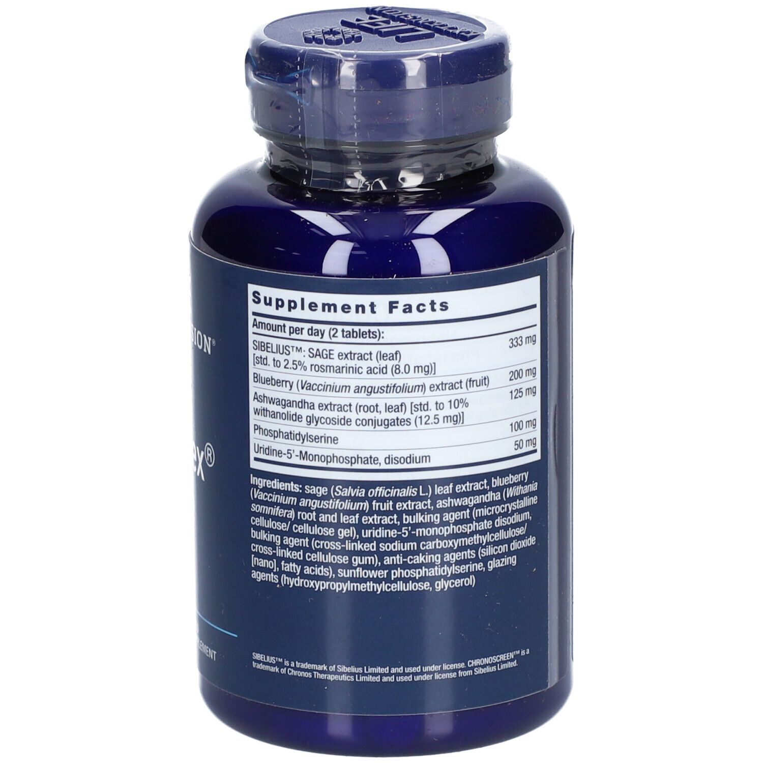 Rückseite der blauen Flasche. Enthält Informationen zu den Inhaltsstoffen und Nährwertangaben des Nahrungsergänzungsmittels.