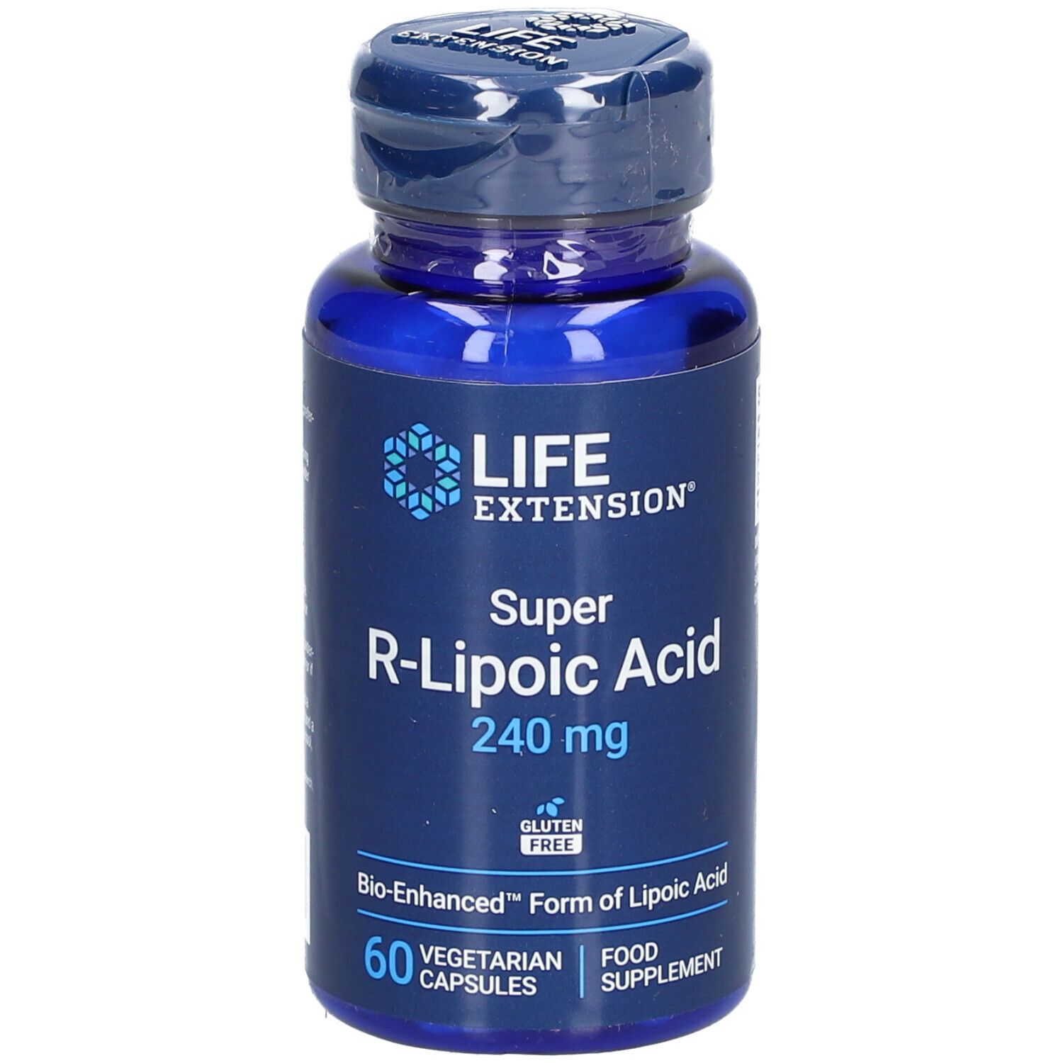 Blaue Flasche mit "LIFE EXTENSION Super R-Liponsäure 240 mg". 60 vegetarische Kapseln. Glutenfrei.