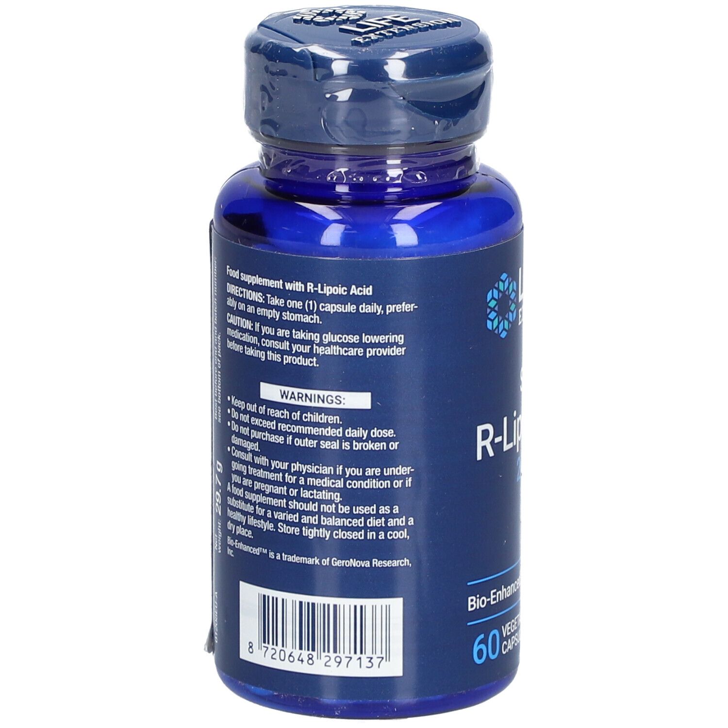 Rückseite der blauen Flasche. Text: "R-Liponsäure". Warnhinweise und Gebrauchsanweisung. 60 Kapseln.