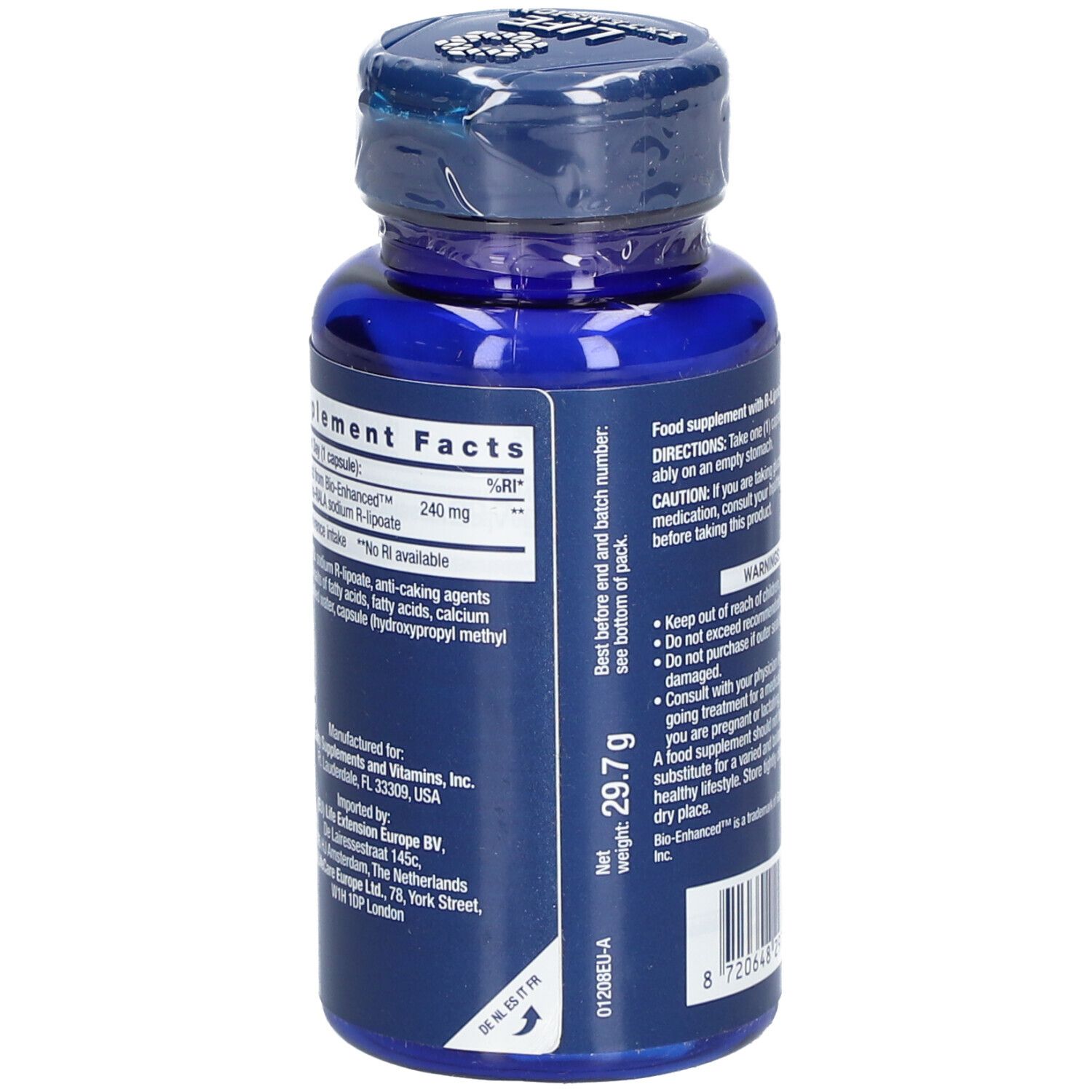Rückseite der blauen Flasche. Zutatenliste, Nährwertangaben, Gewicht 29,7 g. Hergestellt in den USA.