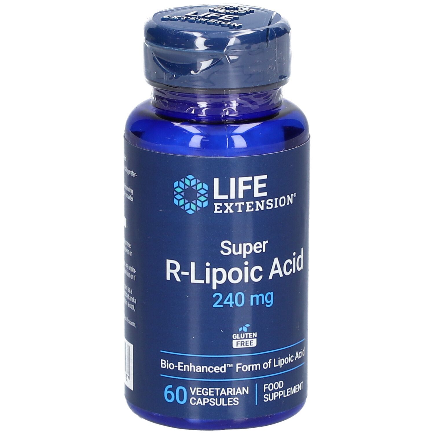 Blaue Flasche mit "LIFE EXTENSION Super R-Liponsäure 240 mg". 60 vegetarische Kapseln. Glutenfrei.