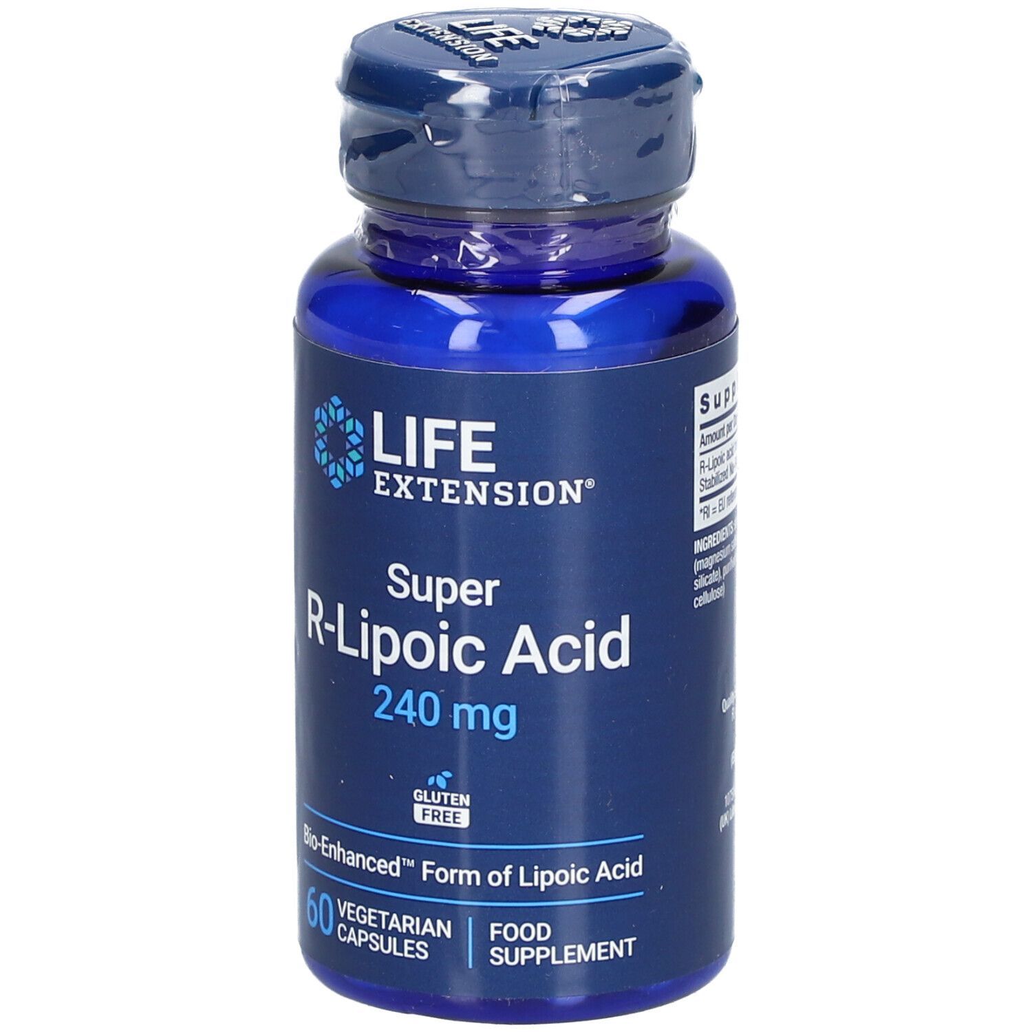 Blaue Flasche mit "LIFE EXTENSION Super R-Liponsäure 240 mg". 60 vegetarische Kapseln. Glutenfrei.
