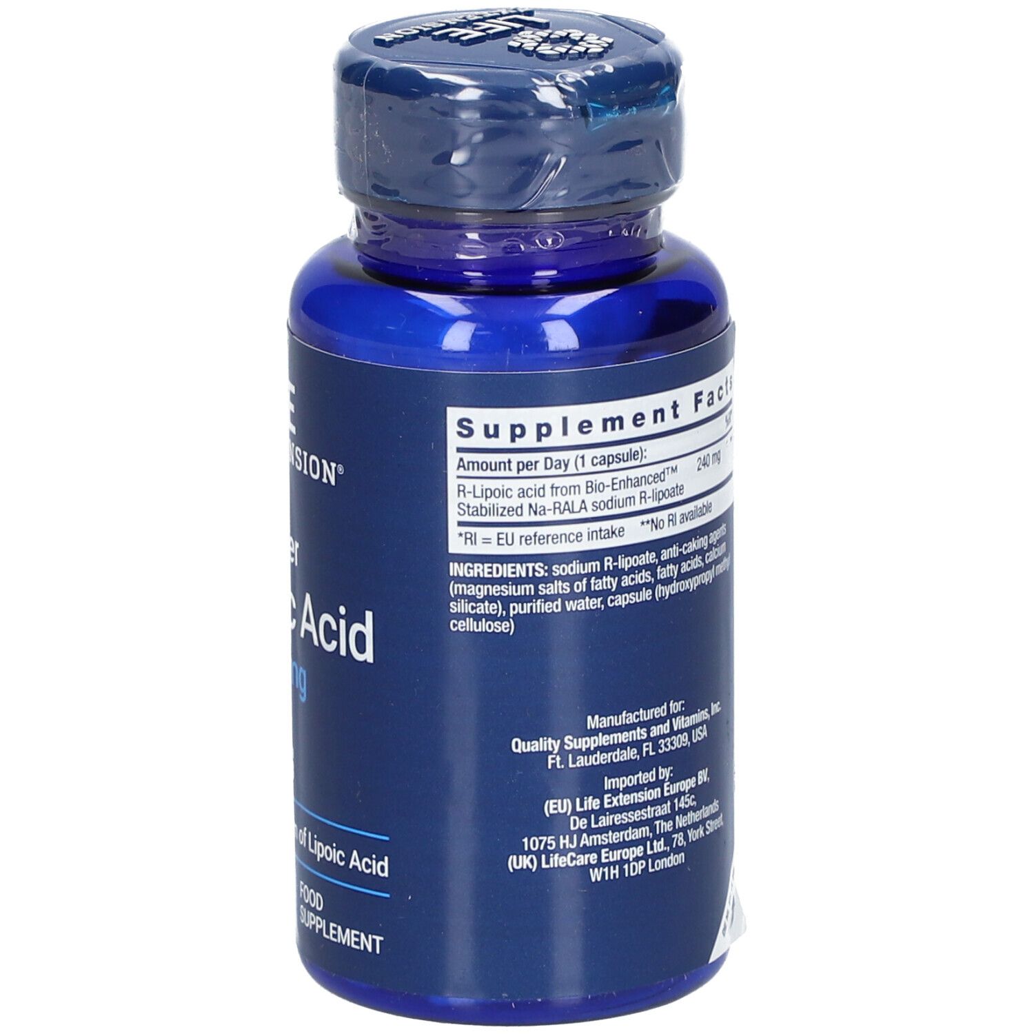 Rückseite der blauen Flasche. Nährwertangaben, Zutatenliste. Hergestellt von Quality Supplements & Vitamins.