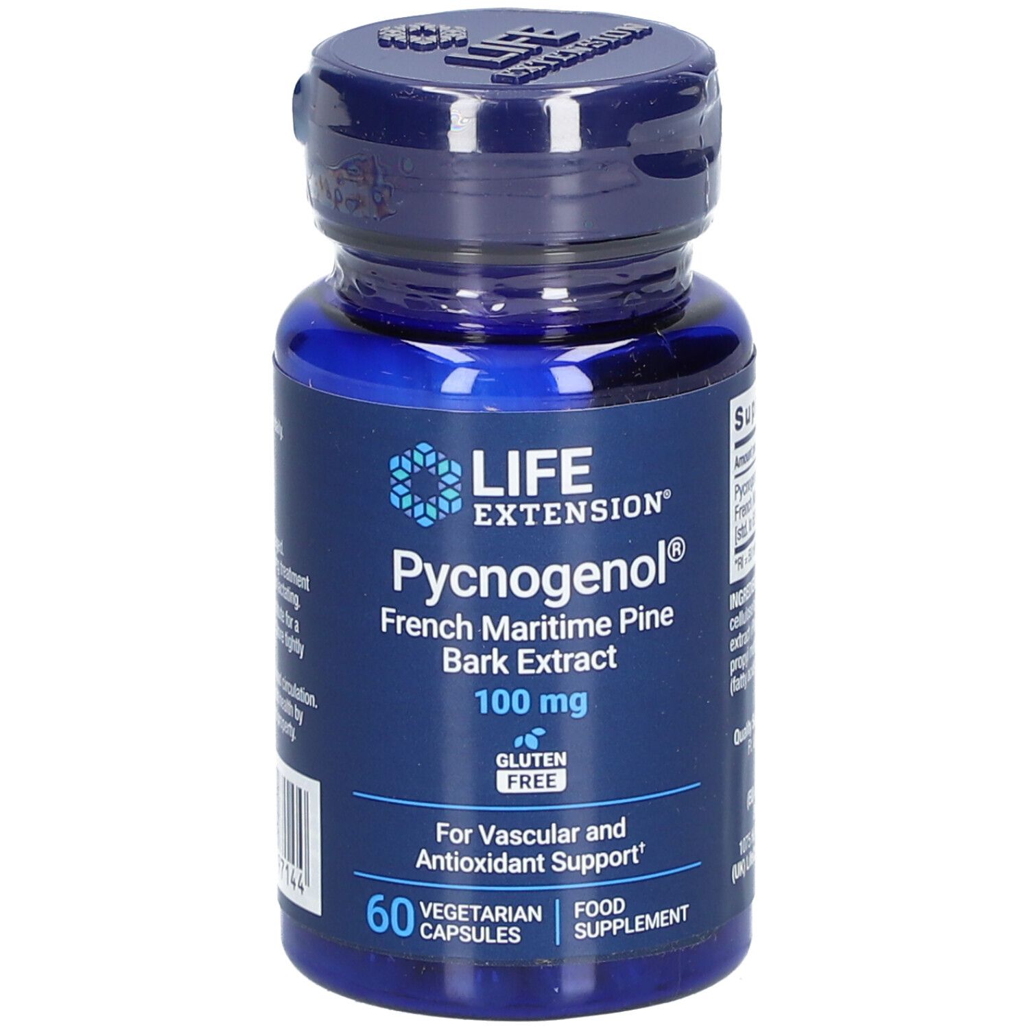Flacon bleu de gélules. Inscription: LIFE EXTENSION Pycnogenol 100 mg, sans gluten. 60 gélules végétariennes.