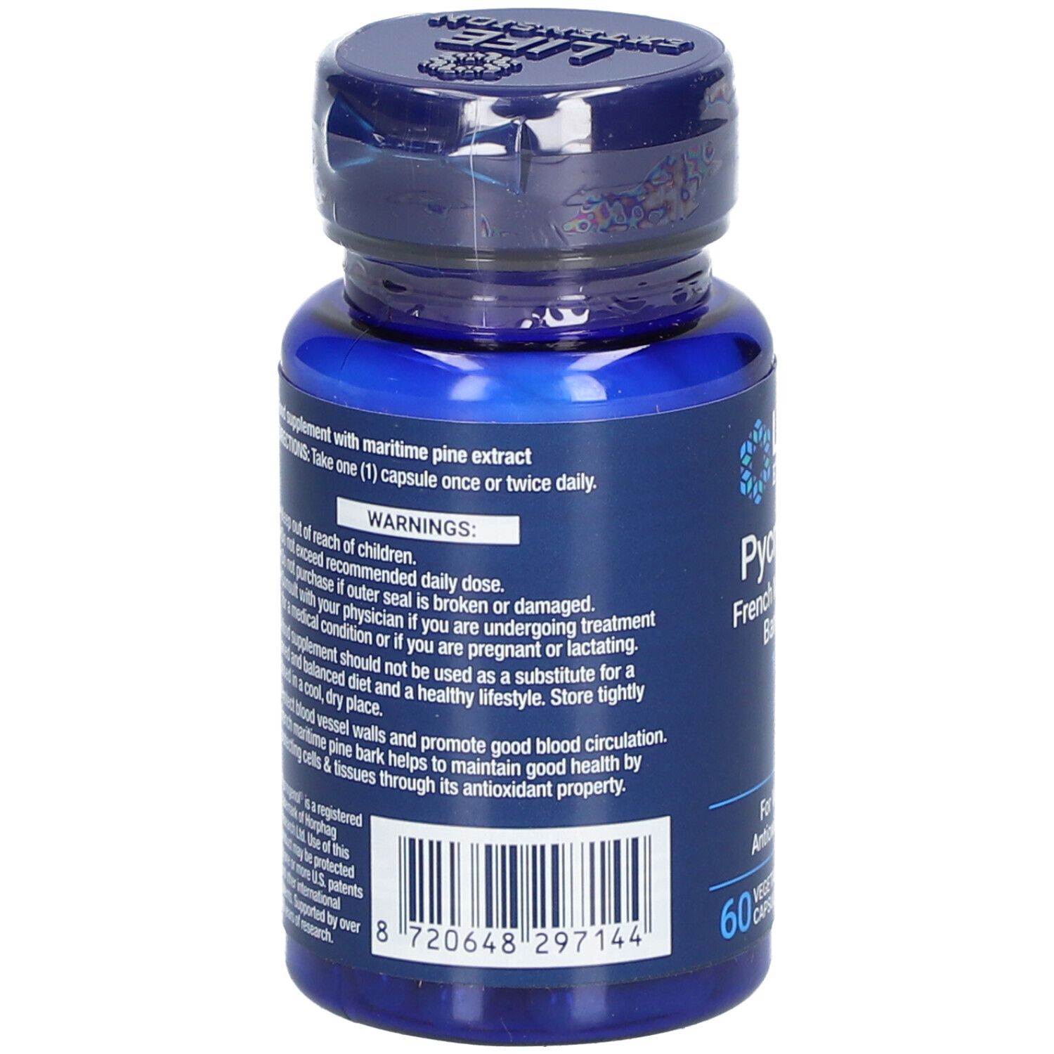 Dos du flacon bleu. Texte: Avertissements, ingrédients, code-barres. 60 gélules.