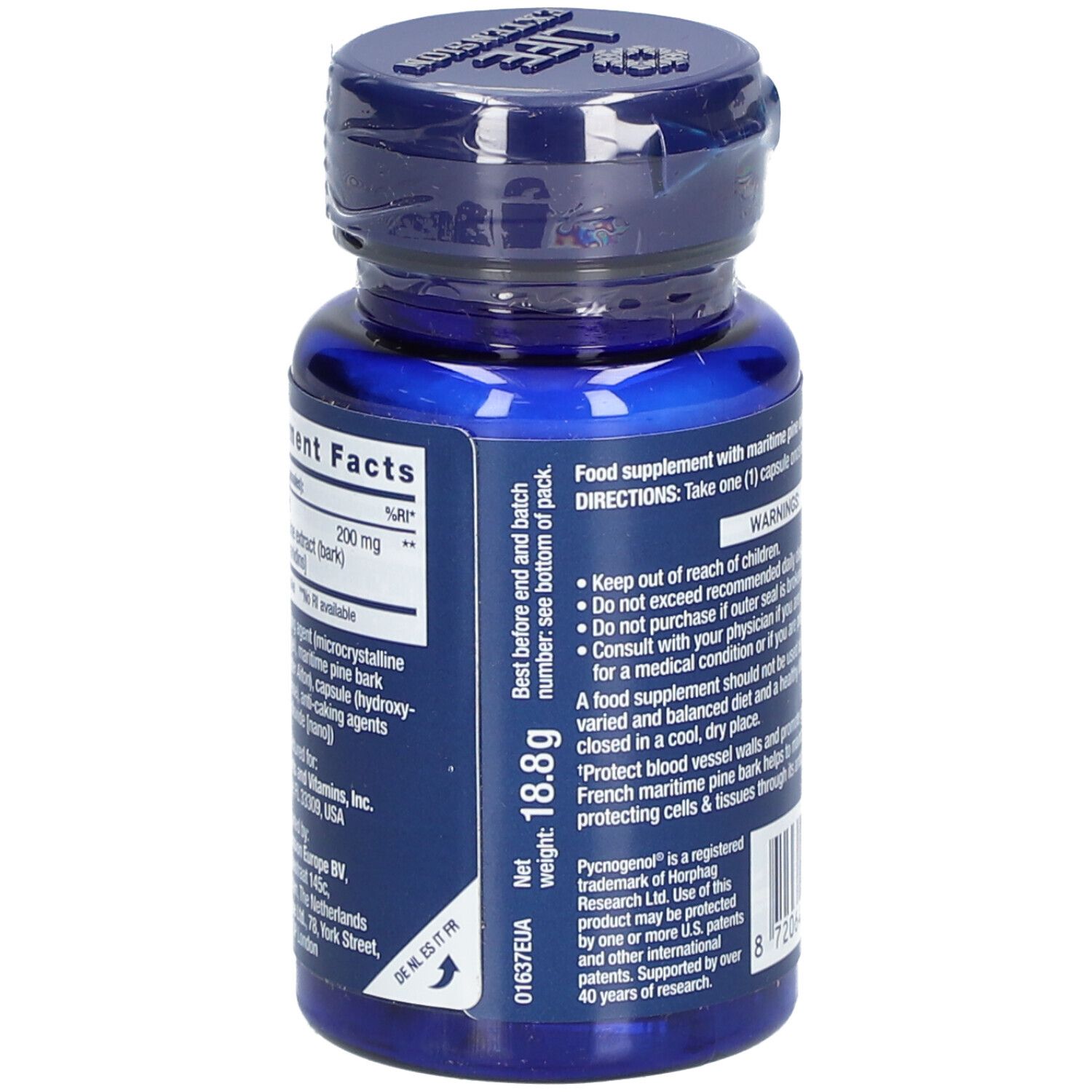 Flacon bleu avec gélules. Inscription: Informations nutritionnelles, poids 18,8g, Pycnogenol, 60 gélules.