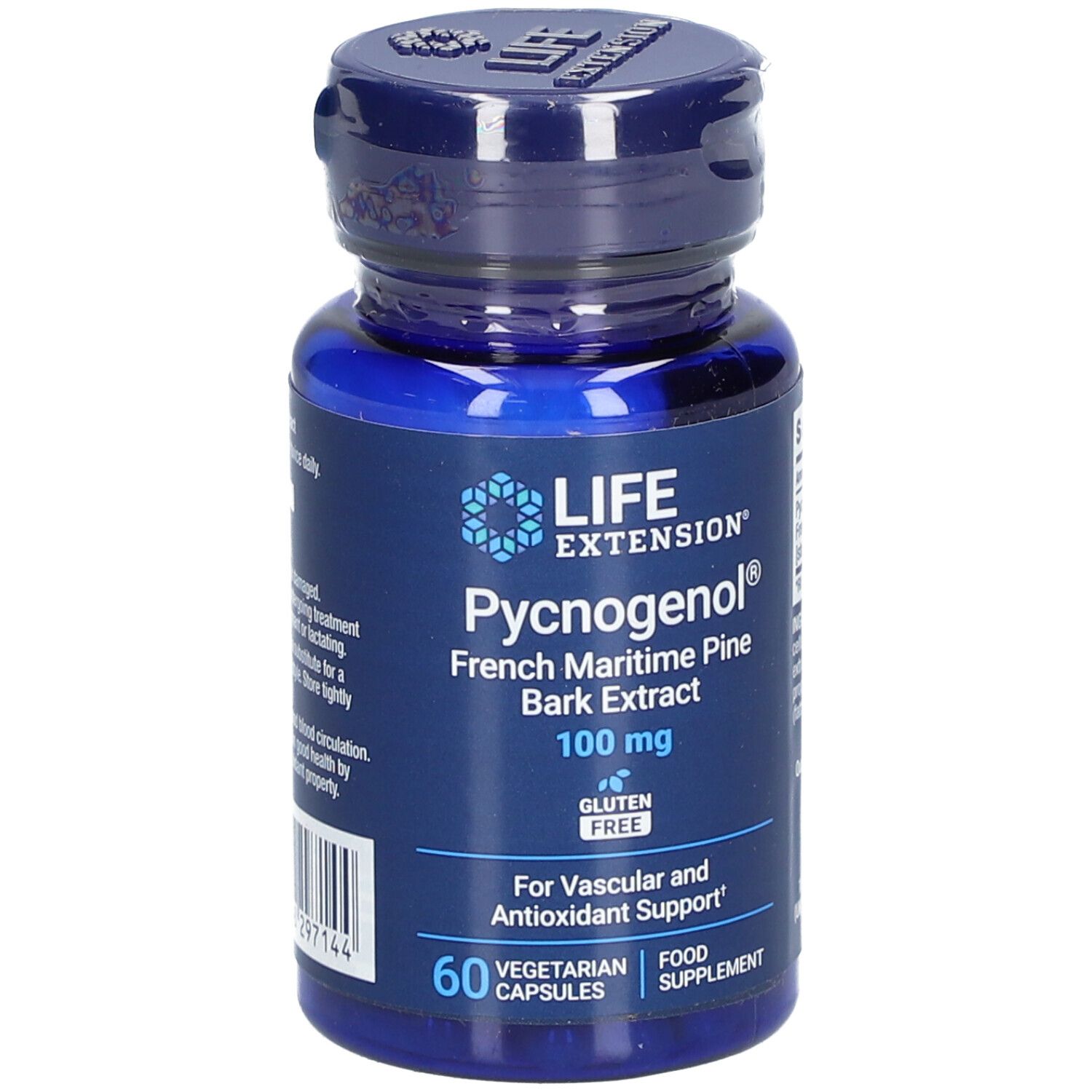 Flacon bleu de gélules. Inscription: LIFE EXTENSION Pycnogenol 100 mg, sans gluten. 60 gélules végétariennes.