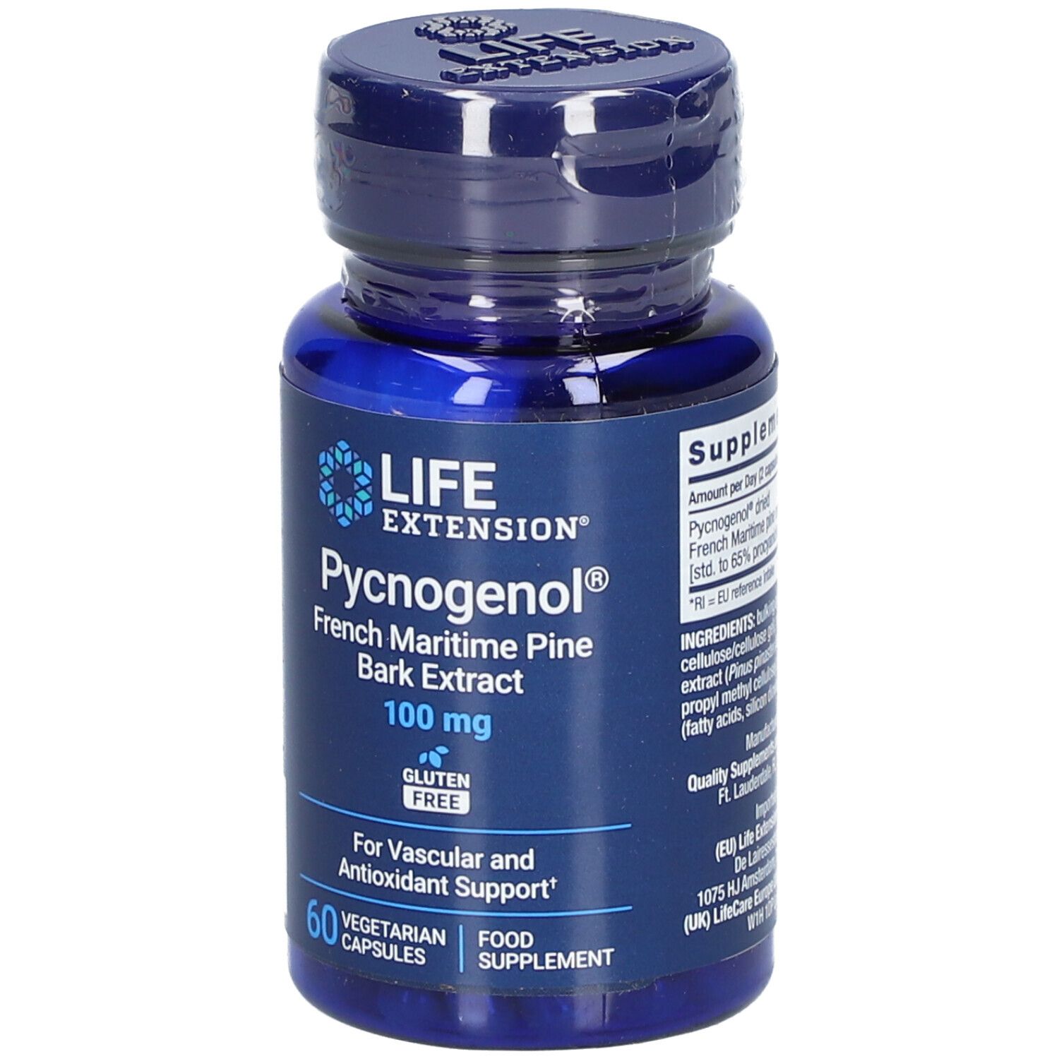 Flacon bleu de gélules. Inscription: LIFE EXTENSION Pycnogenol 100 mg, sans gluten. 60 gélules végétariennes.