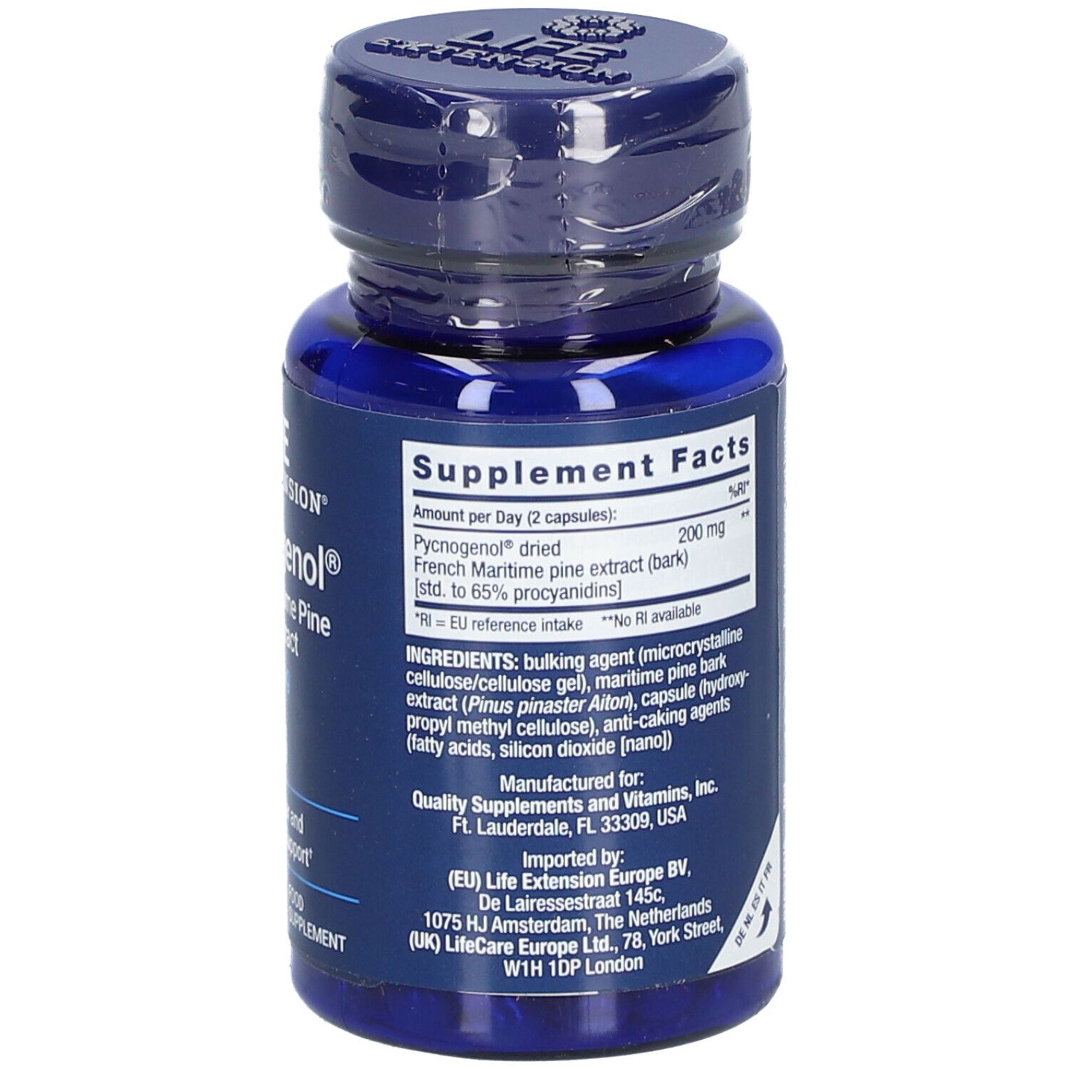 Dos du flacon bleu. Inscription: Informations nutritionnelles, ingrédients, Pycnogenol, 60 gélules.