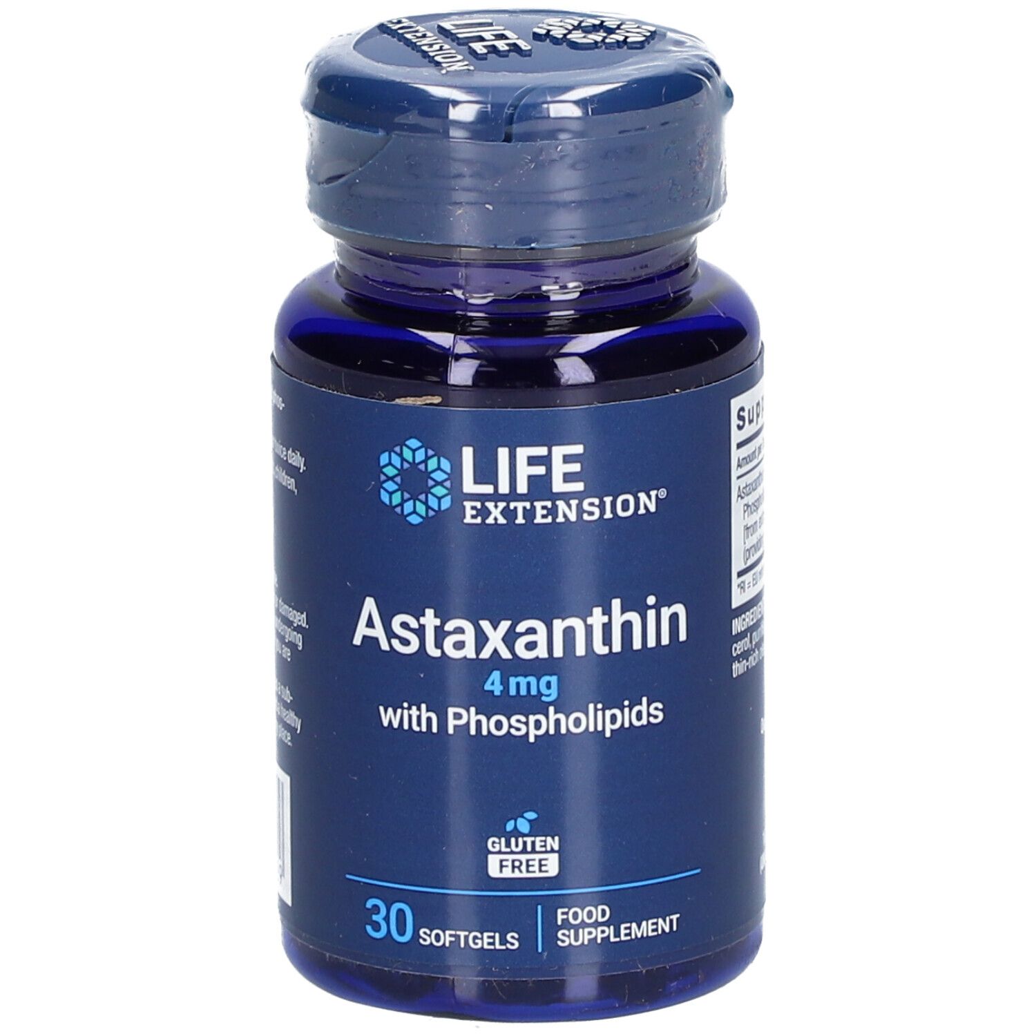 Flacon bleu Astaxanthine 4mg avec phospholipides. 30 gélules. Sans gluten. LIFE EXTENSION®.
