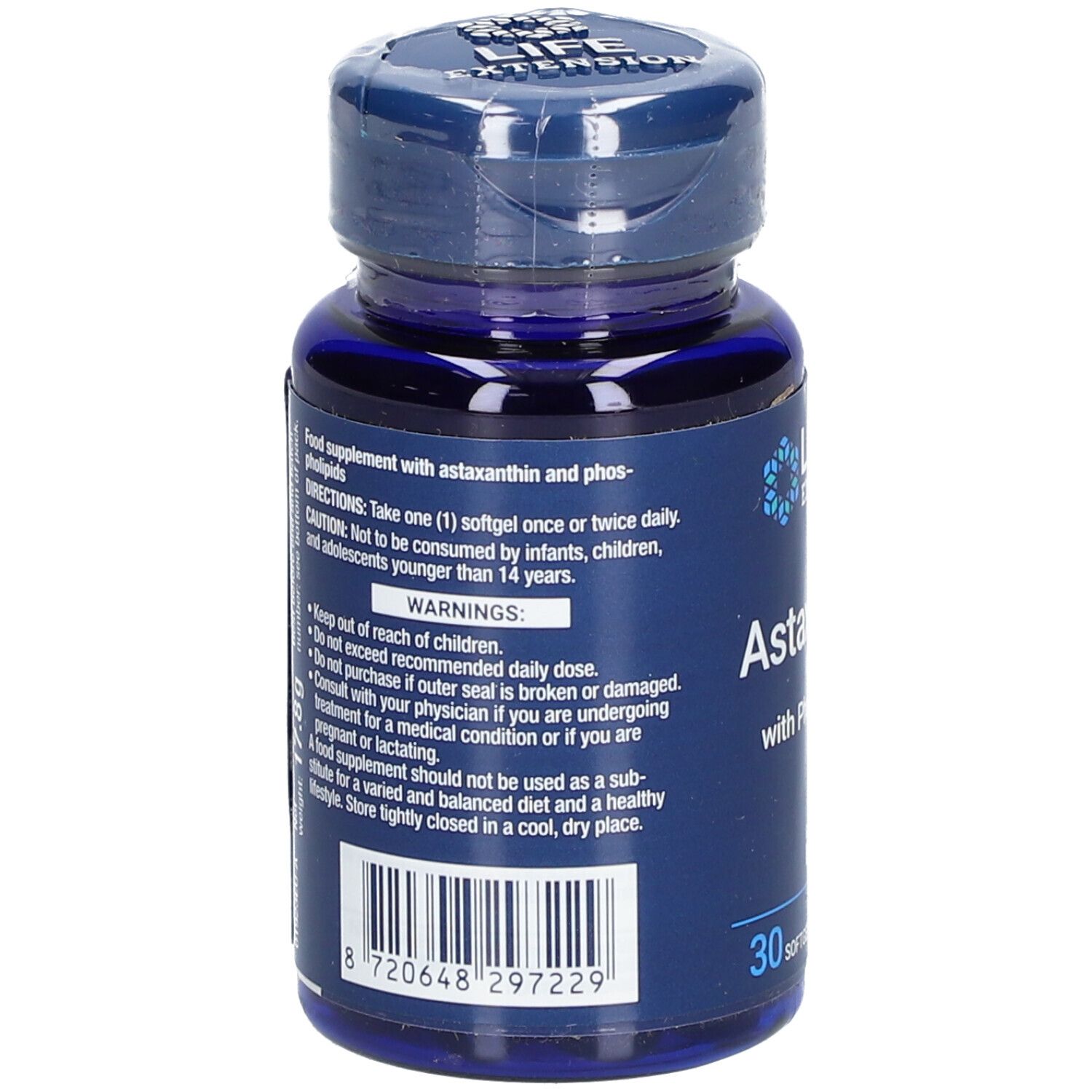Dos du flacon bleu d'astaxanthine. Avertissements et mode d'emploi. 30 gélules.