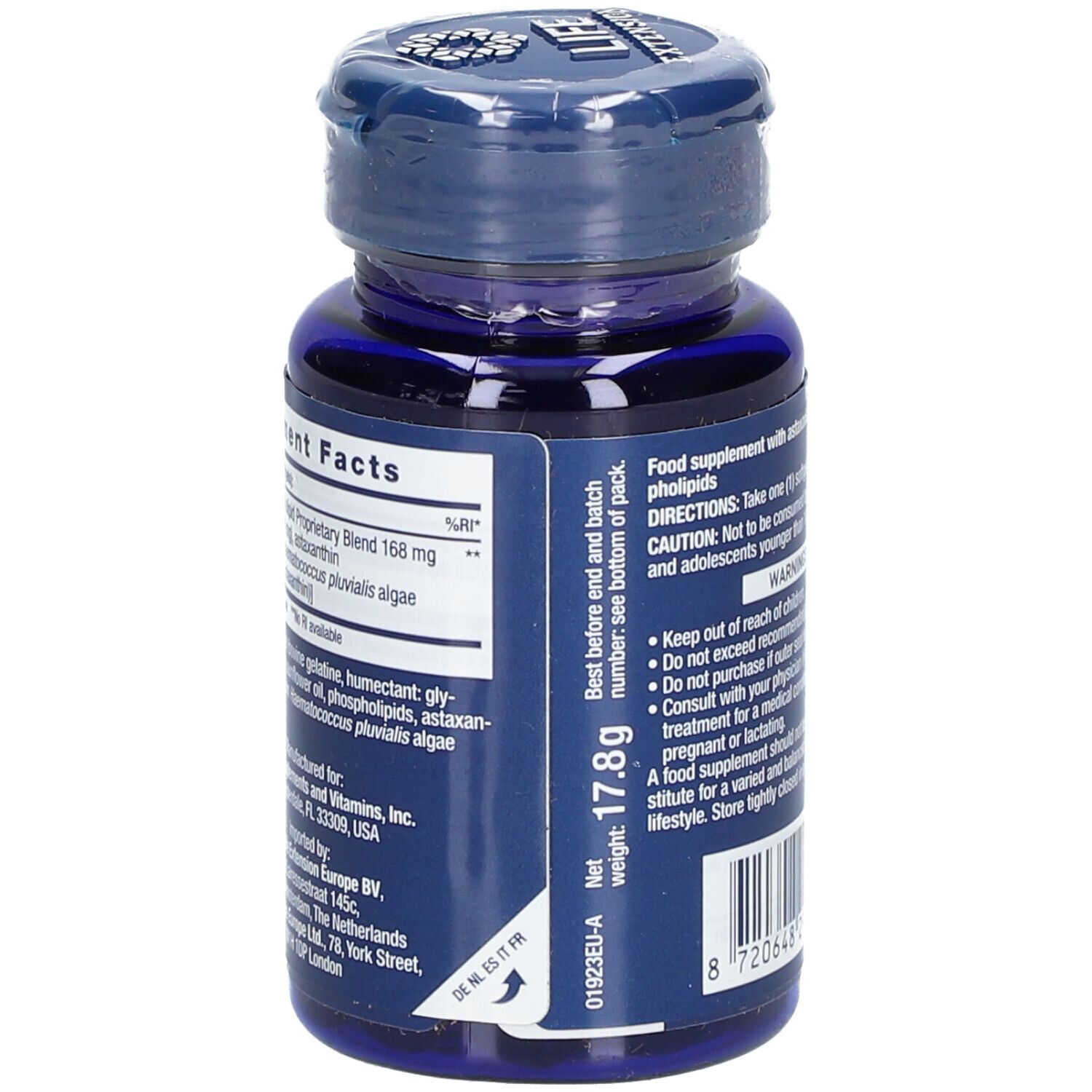 Flacon bleu d'astaxanthine. Informations nutritionnelles et ingrédients. Poids net 17,8g.