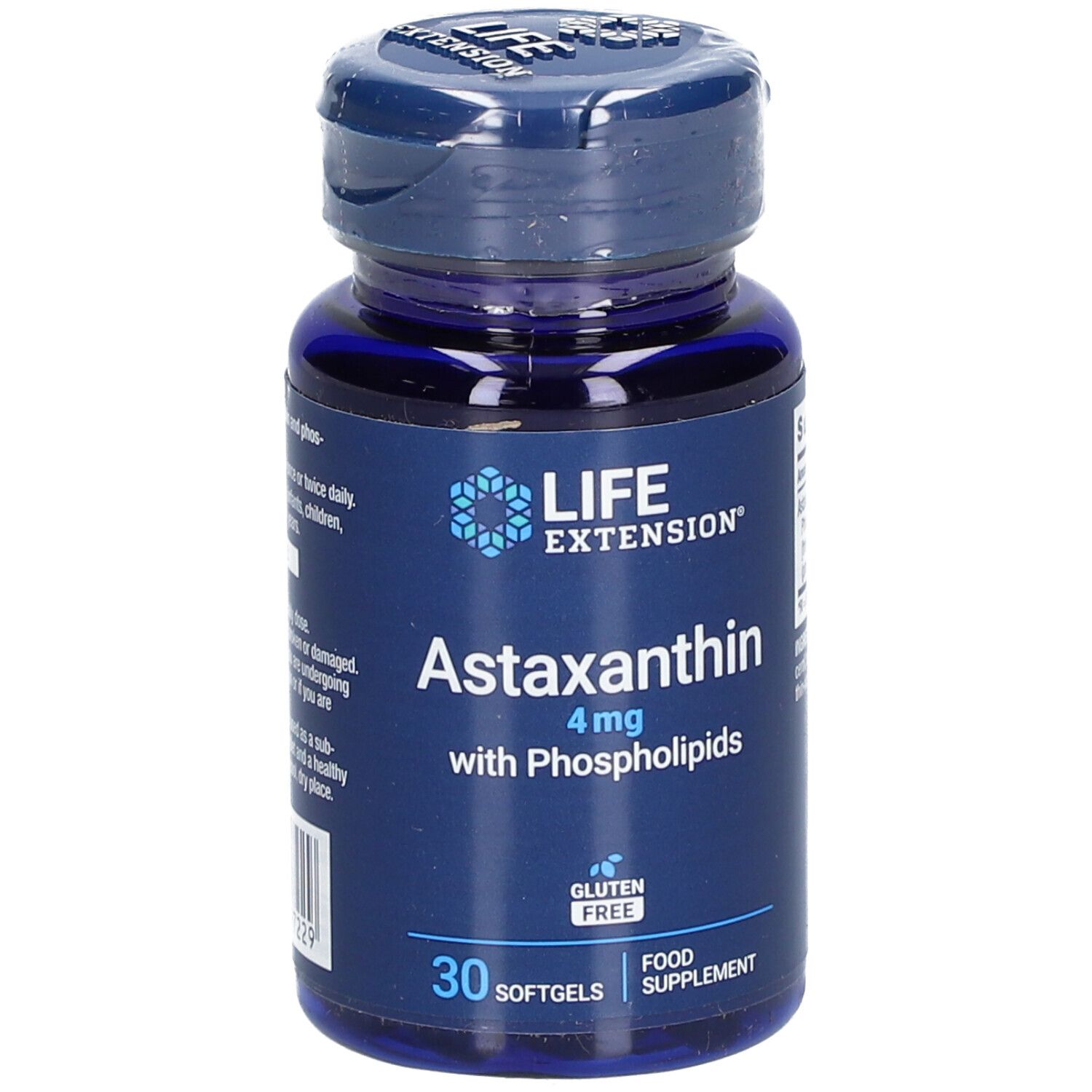 Flacon bleu Astaxanthine 4mg avec phospholipides. 30 gélules. Sans gluten. LIFE EXTENSION®.